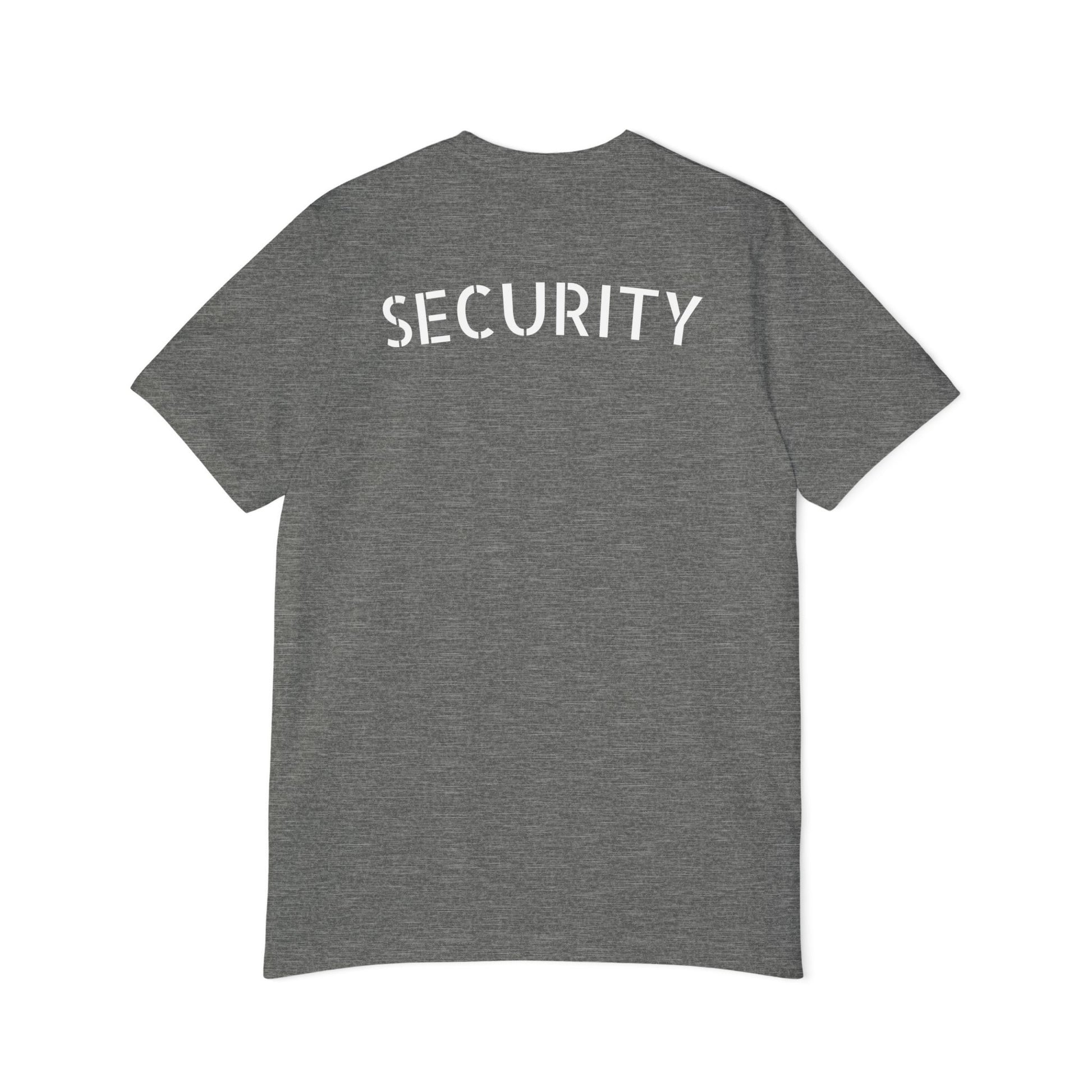 Heather gray tee back with large white "SECURITY" stencil lettering