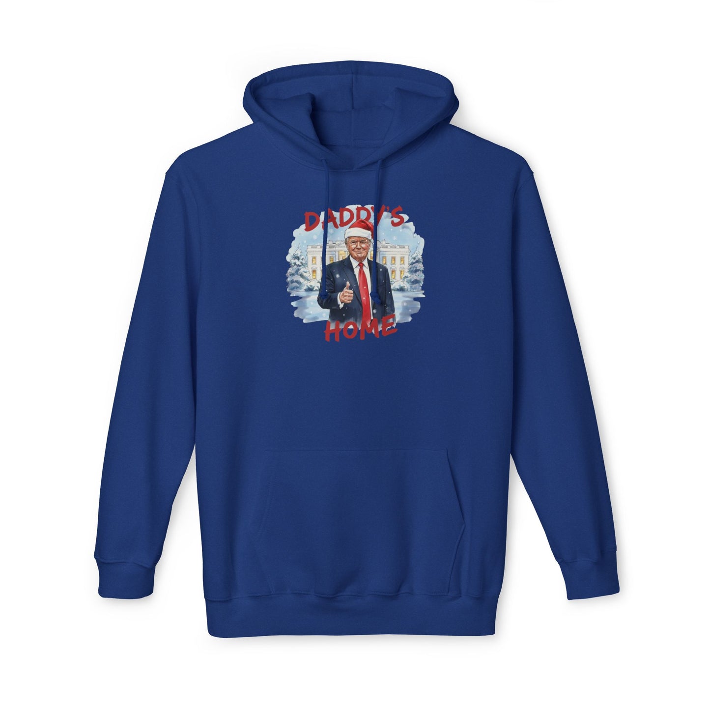 Front view of charcoal heather "Daddy's Home" Trump Santa hoodie in snowy scene