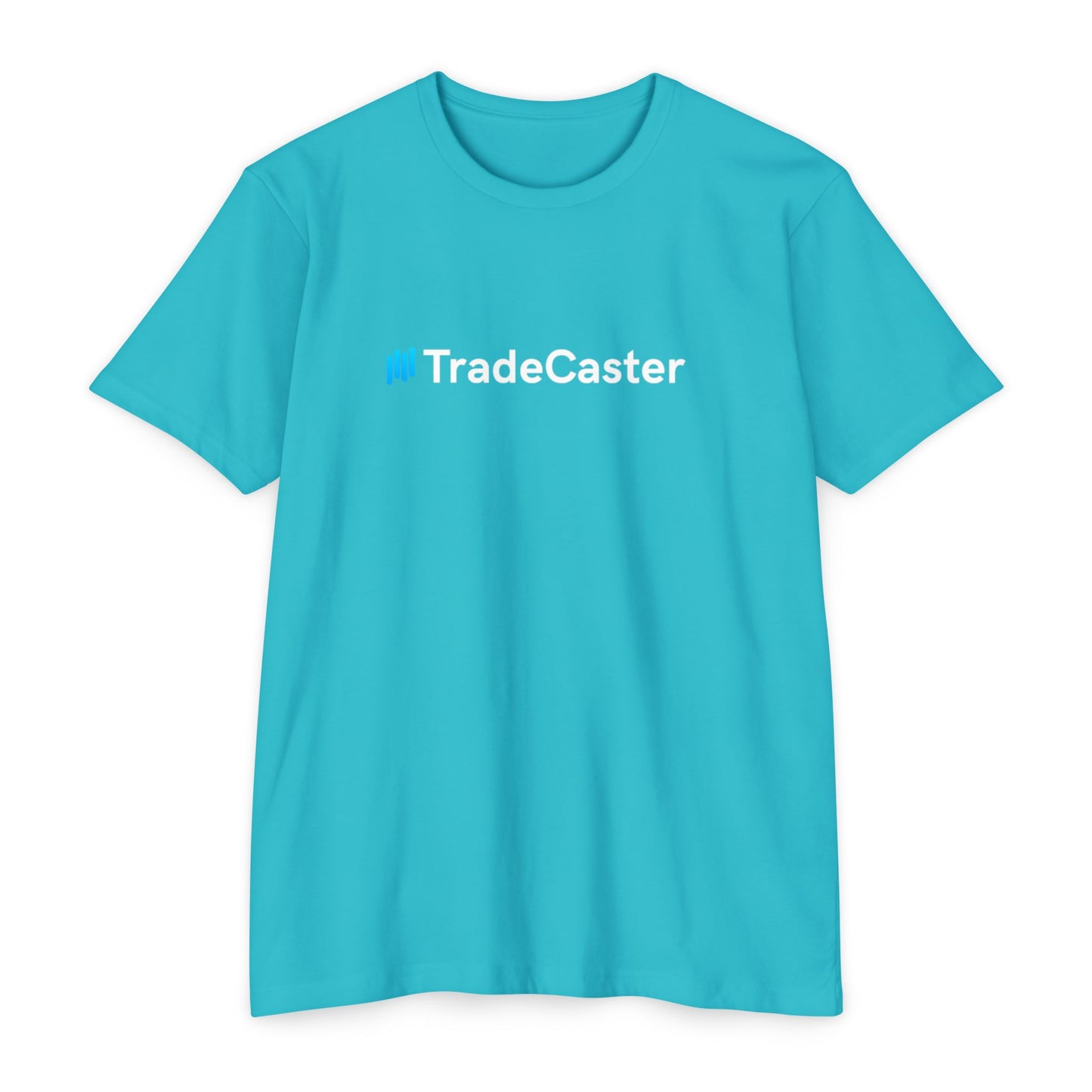 Front view of turquoise unisex TradeCaster CVC jersey t-shirt with blue || icon and white text print