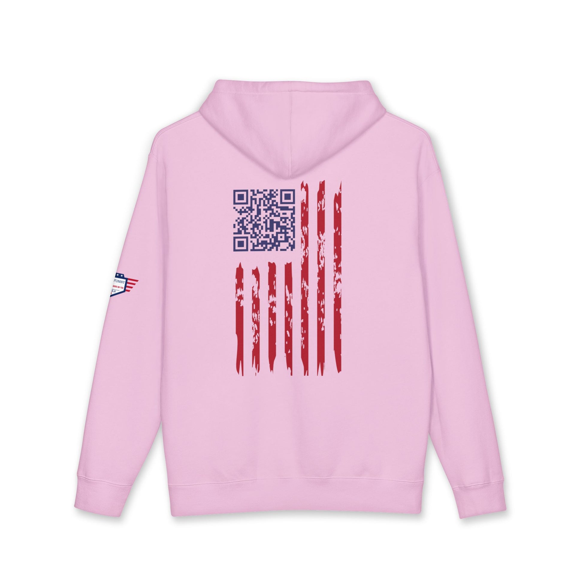 Back view of light pink hoodie featuring scannable distressed American flag QR in stripes, blue code, sleeve flag patch