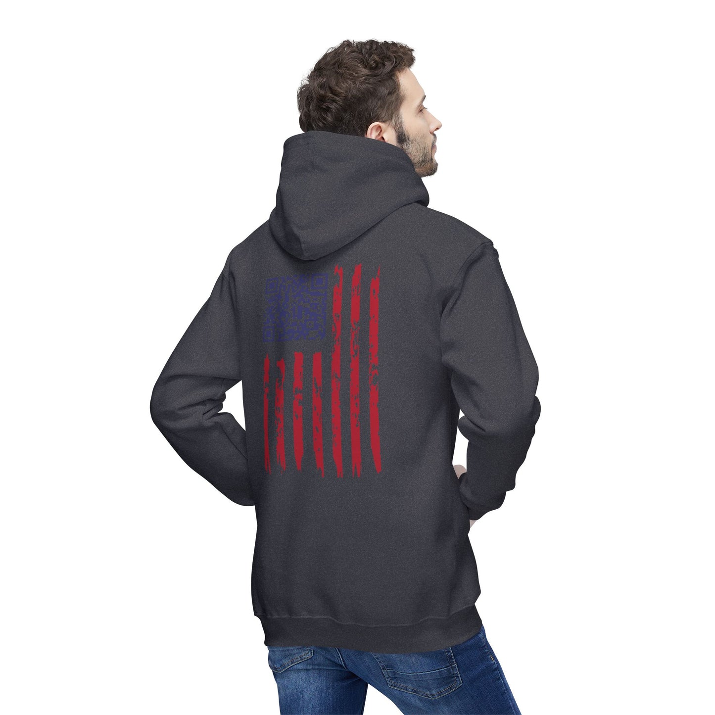 Rear view guy in charcoal hoodie, back features rugged American flag design
