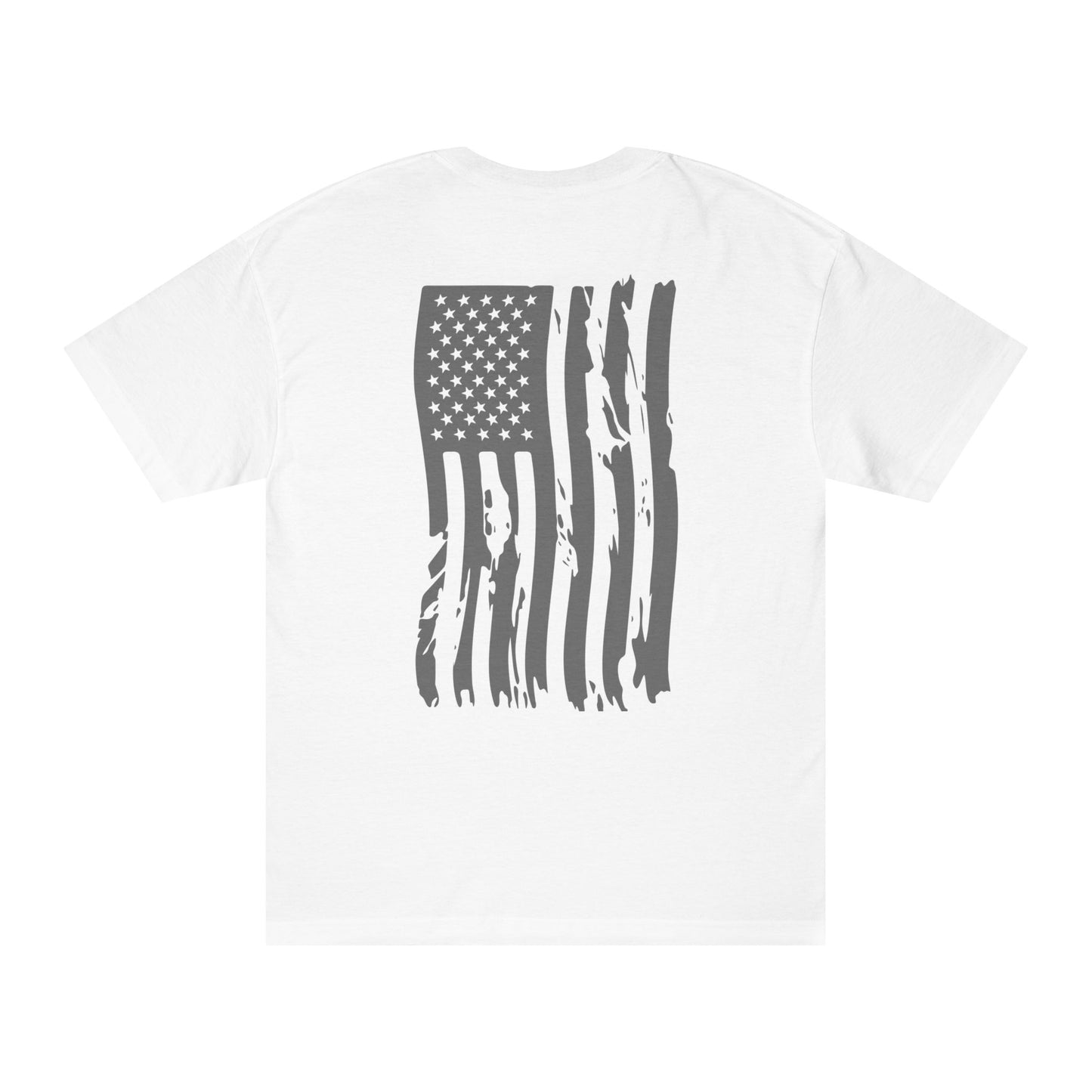 White tee back flat lay, gray distressed American flag print — pure liberty vibes