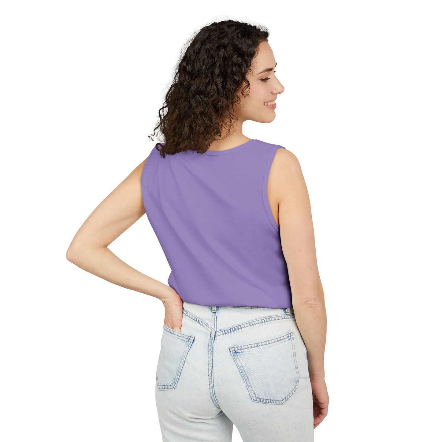 3/4 back side view of woman wearing plain purple tank top and light jeans