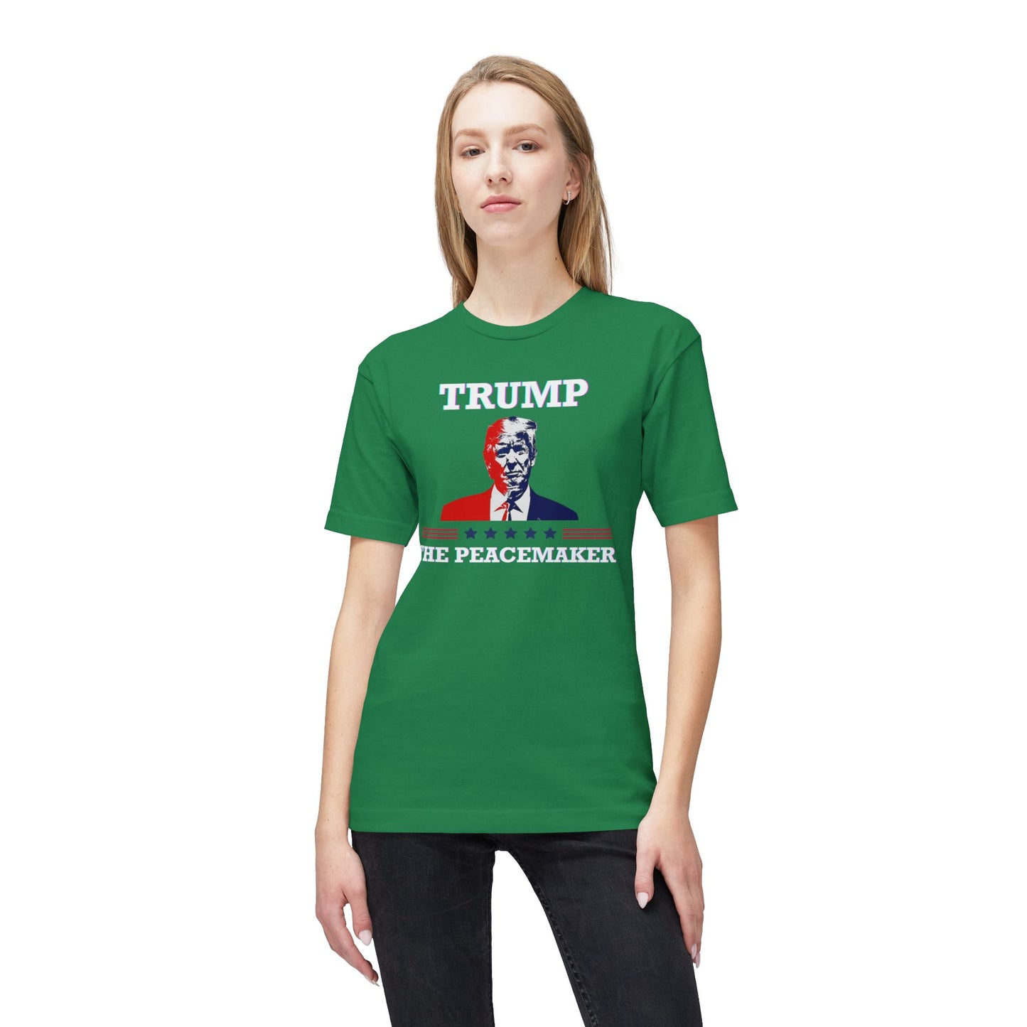 Blonde model in front-view medium green "TRUMP HE PEACEMAKER" tee with bold portrait