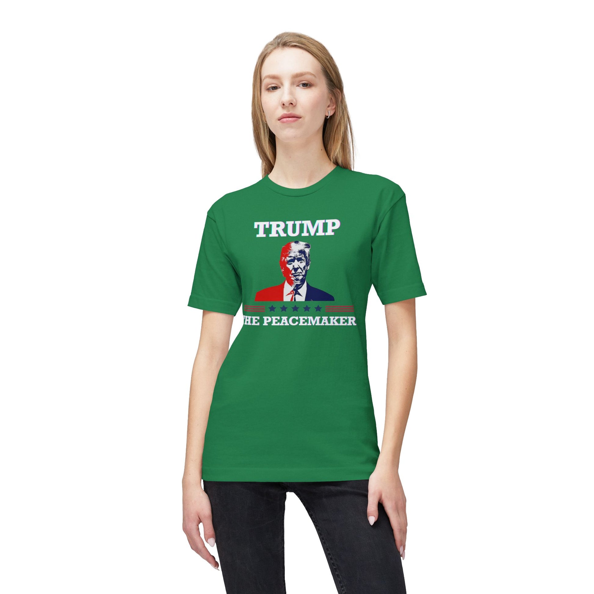Blonde model in front-view medium green "TRUMP HE PEACEMAKER" tee with bold portrait