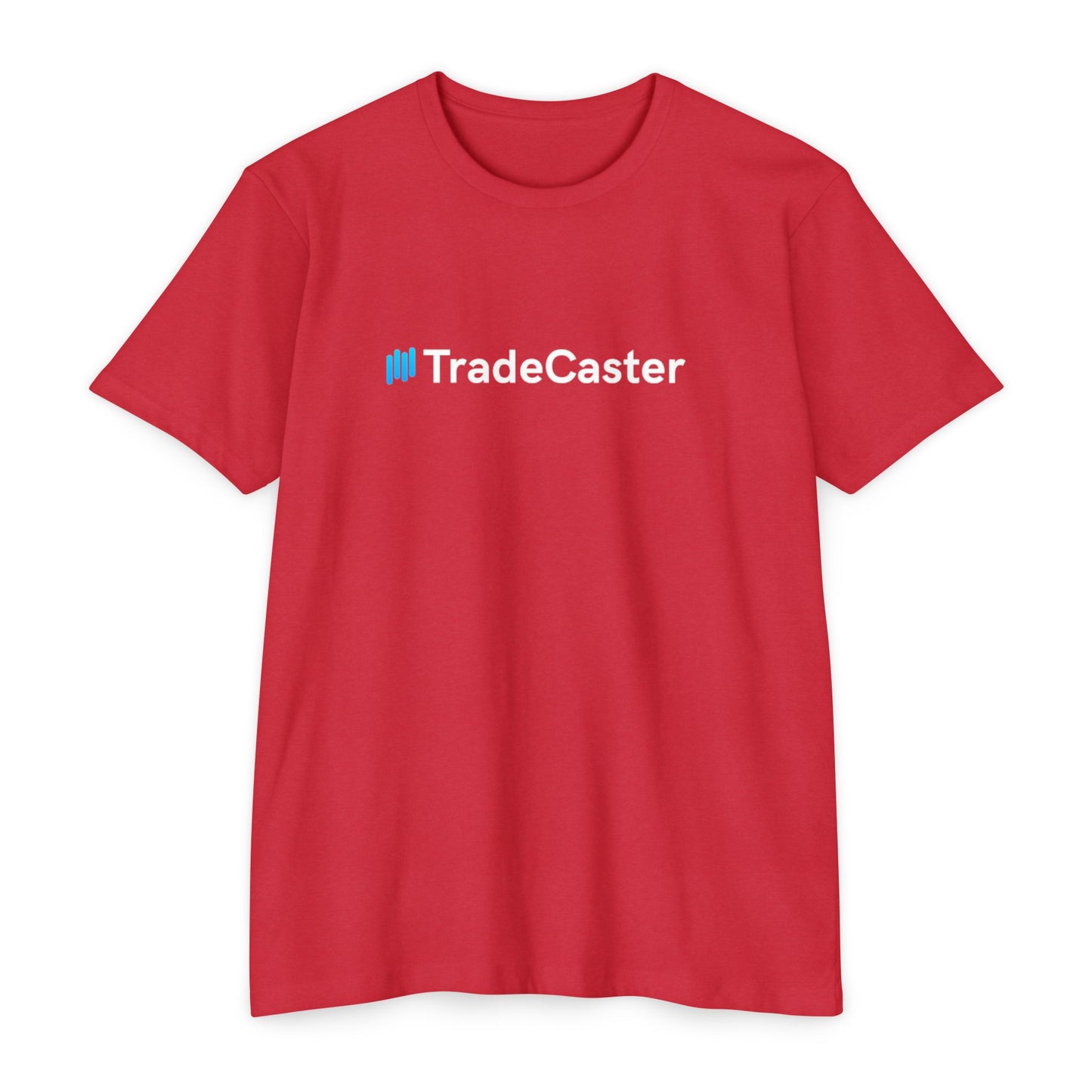 Front view of maroon unisex TradeCaster CVC jersey t-shirt with blue || icon and white text print