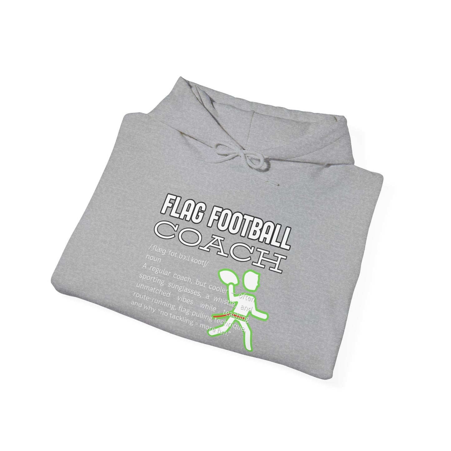 Folded heather grey hoodie displaying 'Flag Football Coach' text, neon green stick figure coach