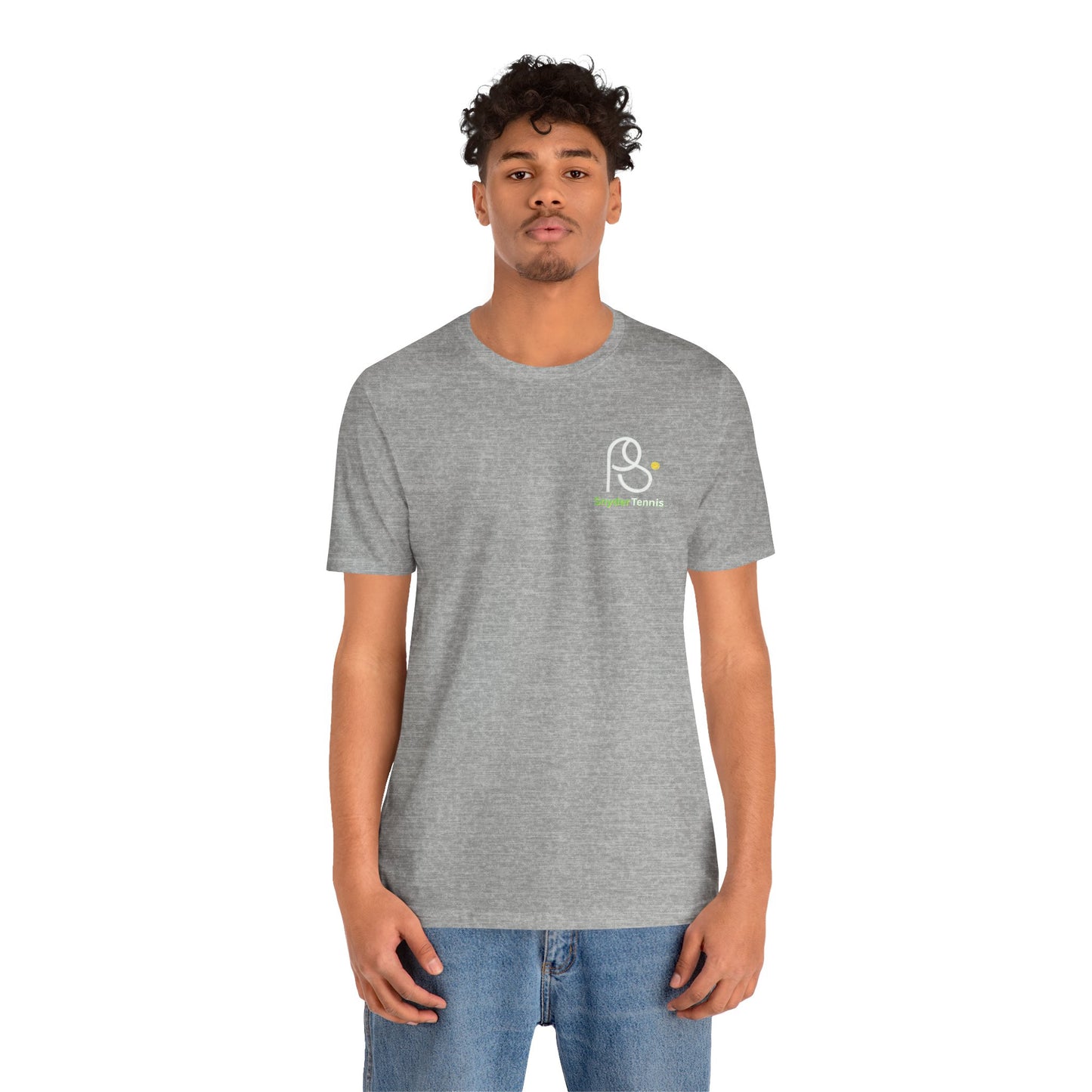 Female model front view in heather gray Coach Pete Snyder tennis tee, showing Harrison Tennis logo