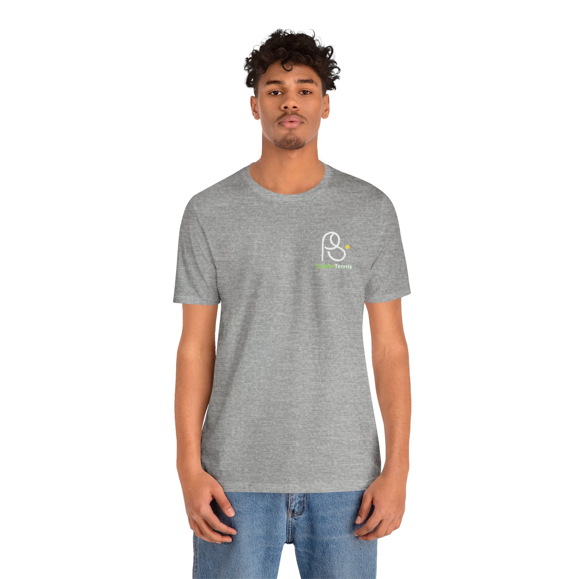 Female model front view in heather gray Coach Pete Snyder tennis tee, showing Harrison Tennis logo