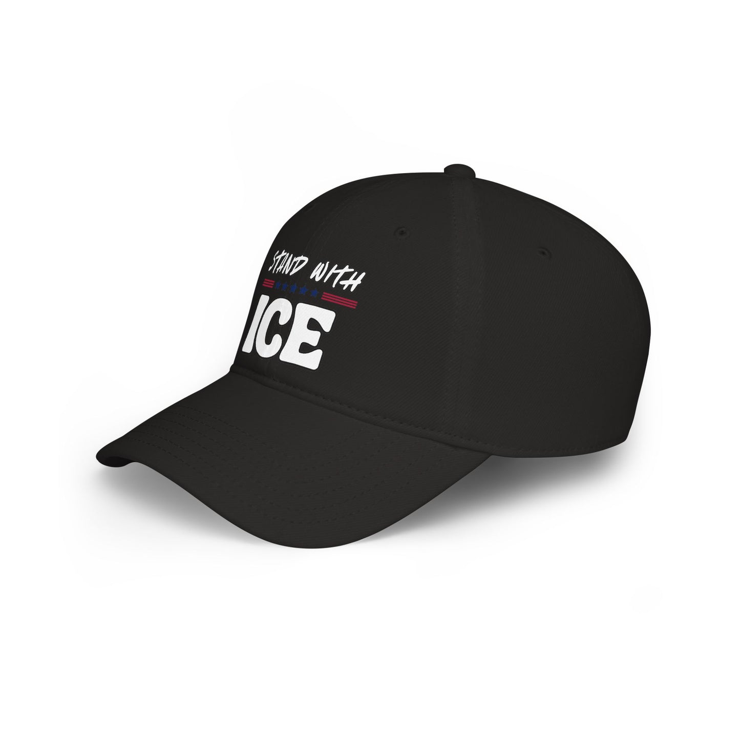 Right profile of black dad hat showing edge of white "Stand With ICE" print