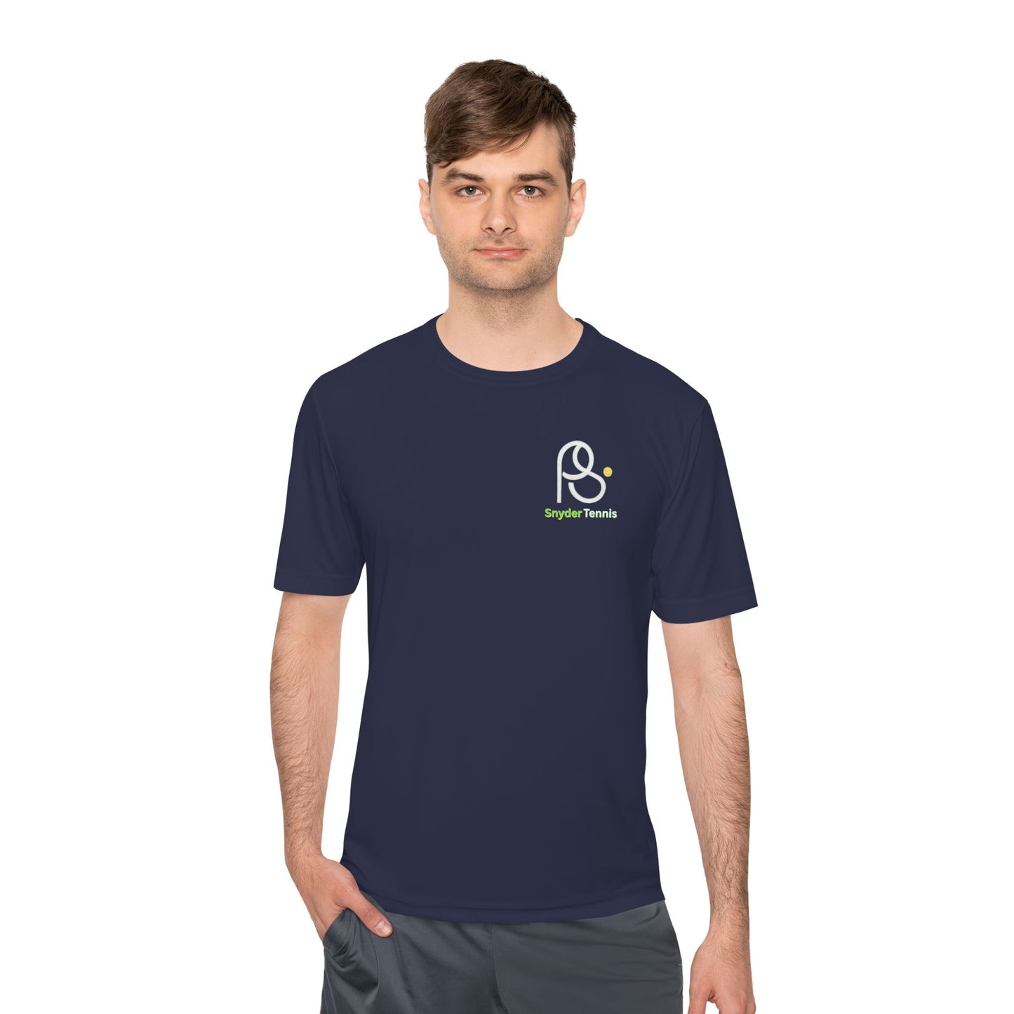 Guy model owning navy blue tee, white PS logo with green "Bridge Tennis" chest detail