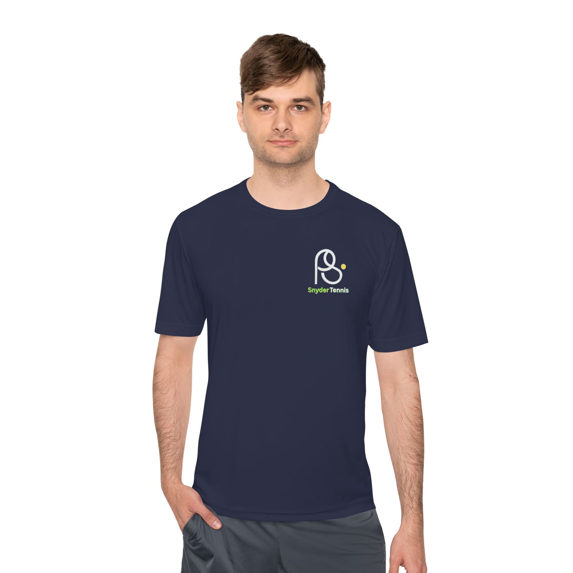 Guy model owning navy blue tee, white PS logo with green "Bridge Tennis" chest detail