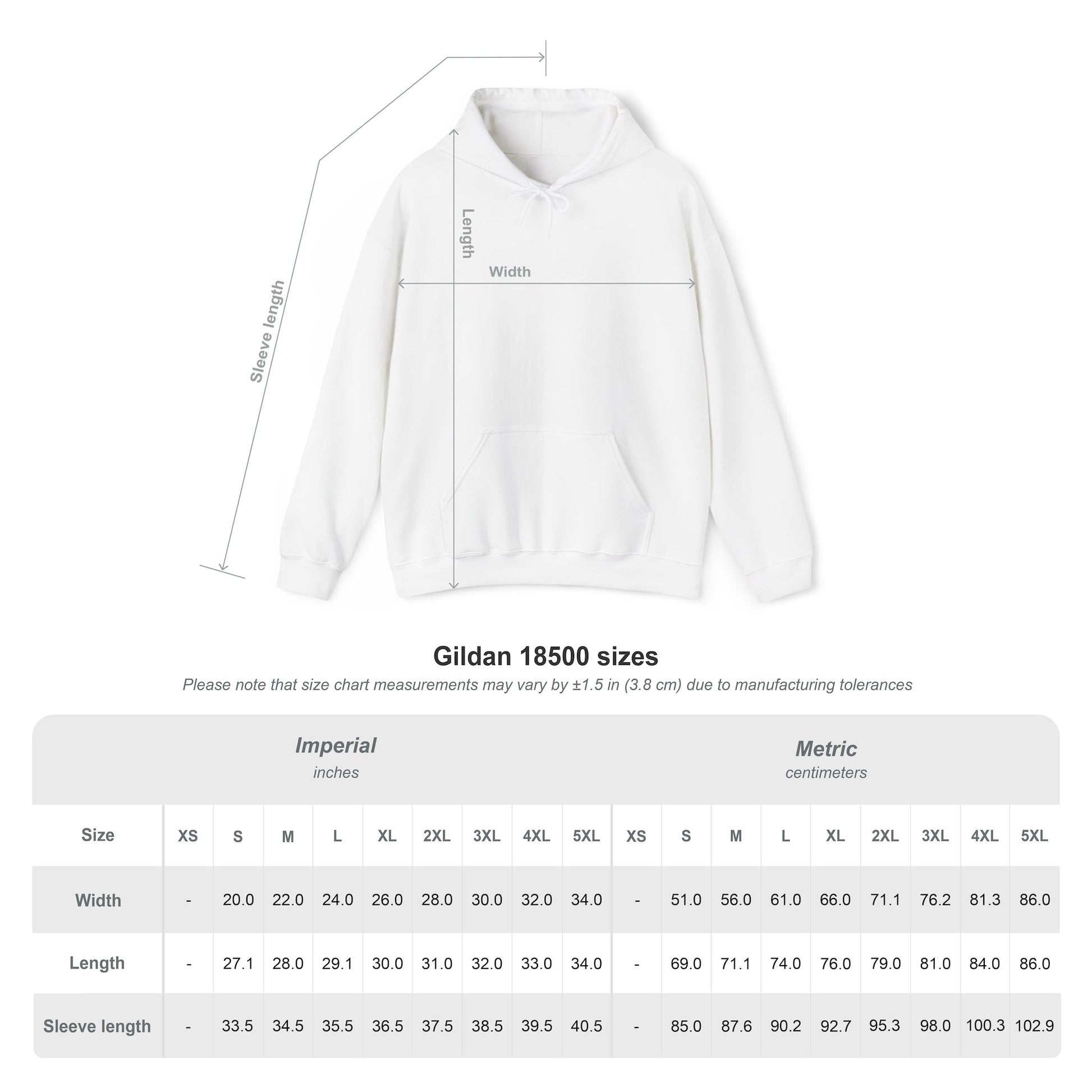 Size chart overlay on light hoodie for Gildan 18500, inches/cm sizes XS-5XL