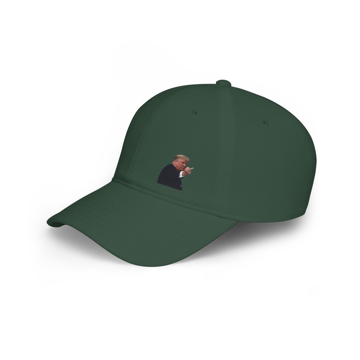 Dark green baseball cap displaying embroidered Trump suit gesture from Ford plant meme