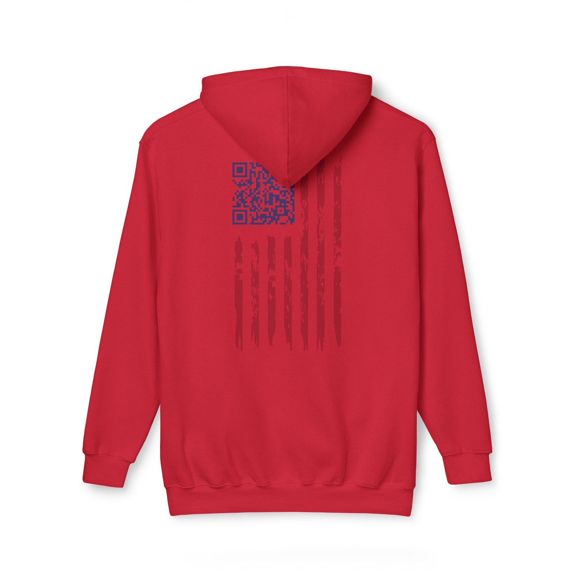 Back view of red hoodie showing distressed American flag print with blue QR code in canton for Trump dance