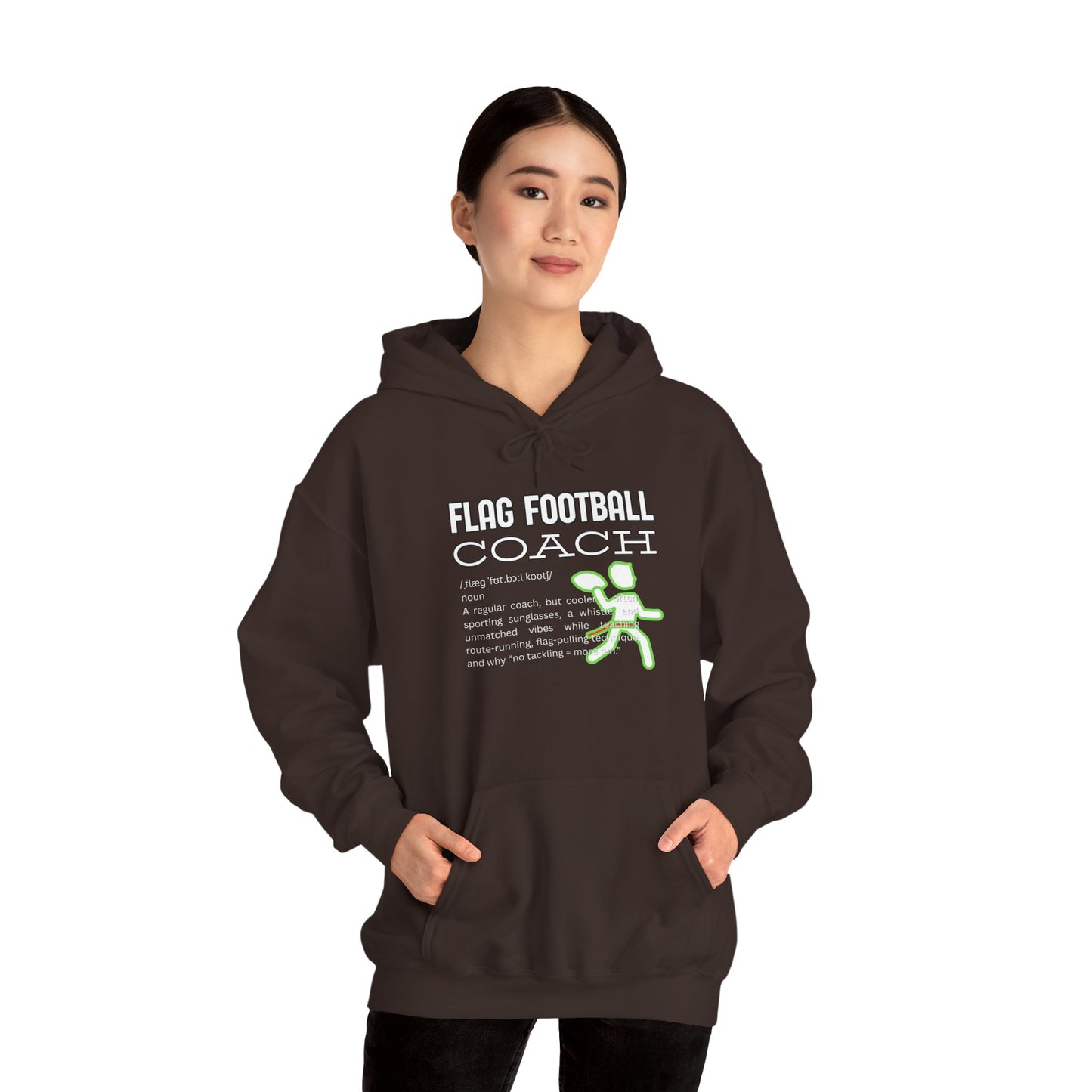 Female model in Dark Chocolate Flag Football Coach hoodie, front view with white text and neon green graphic, hands pocketed
