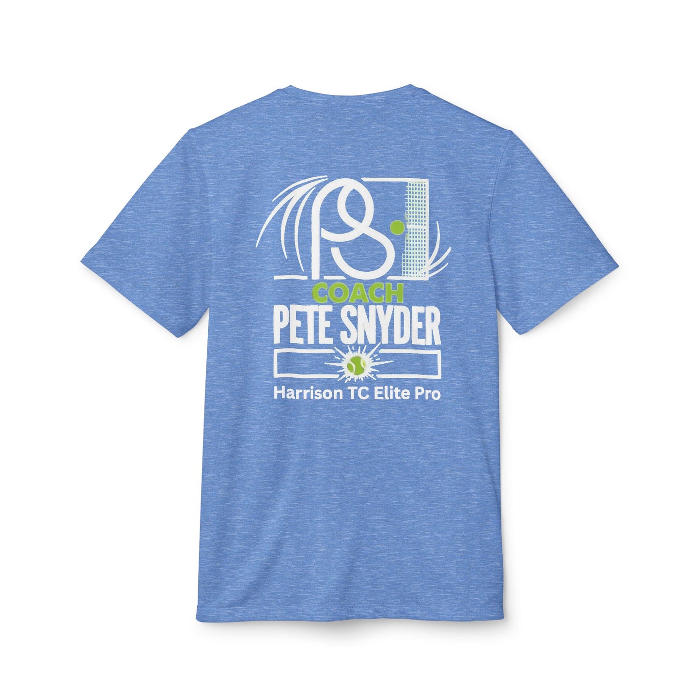 Heather royal blue adidas tee back on model, bold white Coach Pete Snyder print with tennis court design and lime green highlights