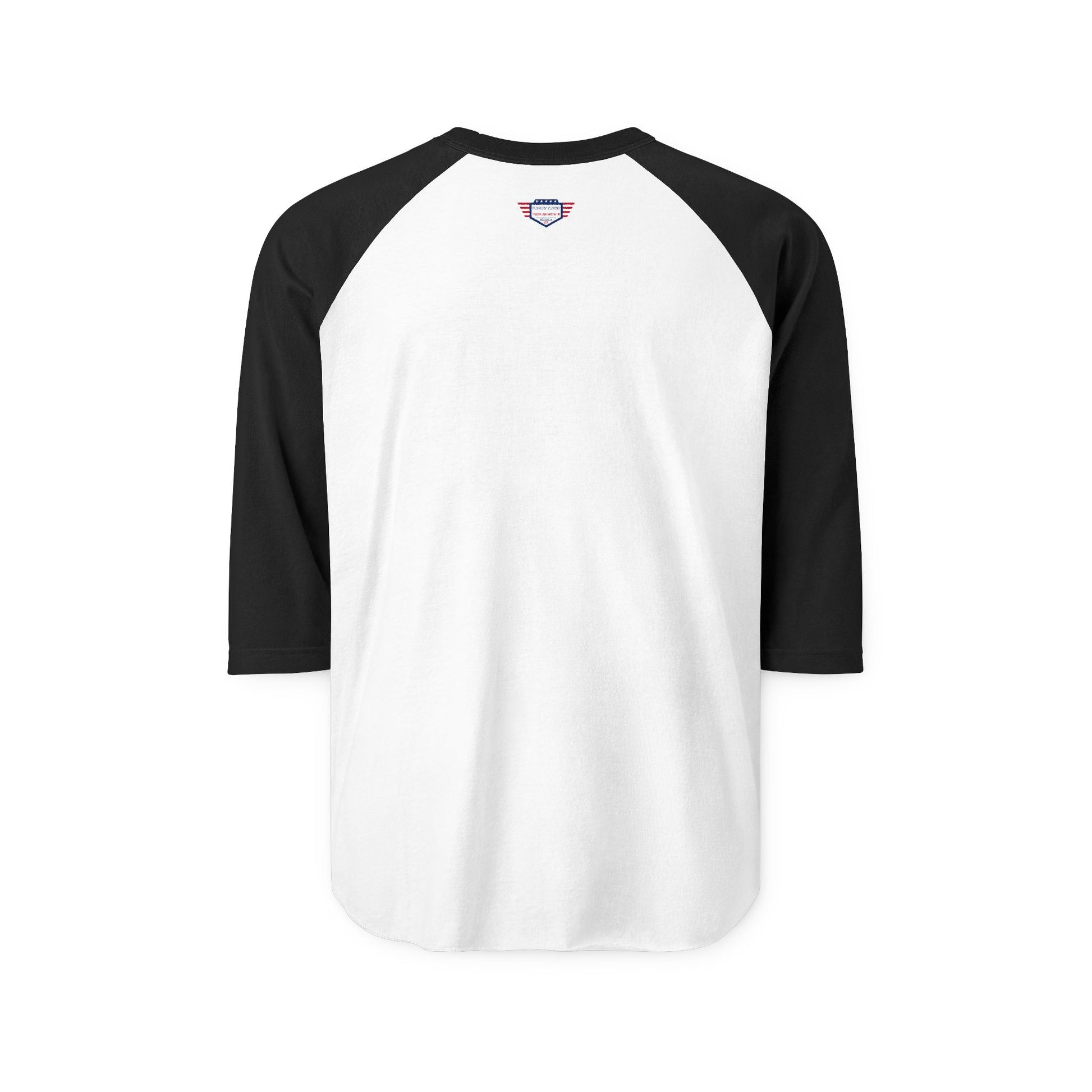 Back view of white raglan tee with black contrast sleeves and tiny neck tag