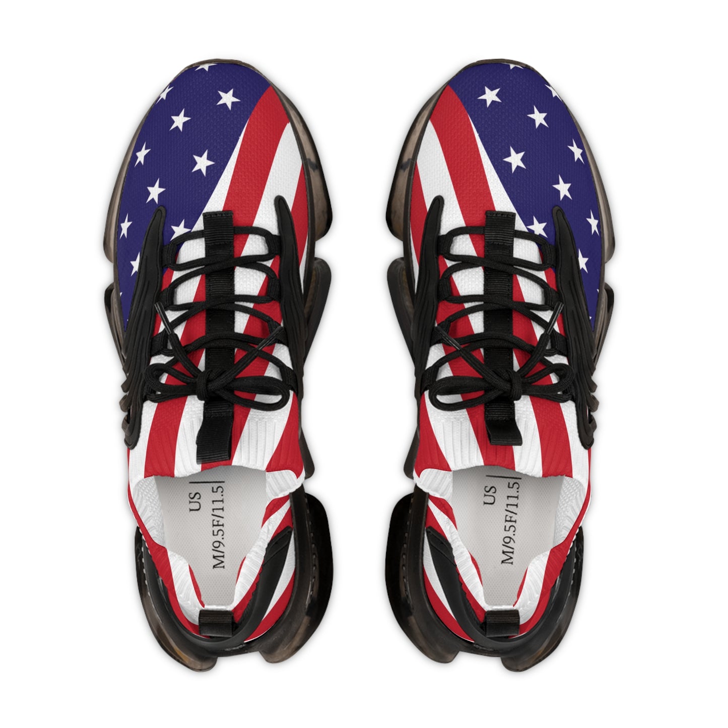Rear view of USA flag sneakers pair, black heel pulls & laces, striped mesh, dark translucent sole vibes