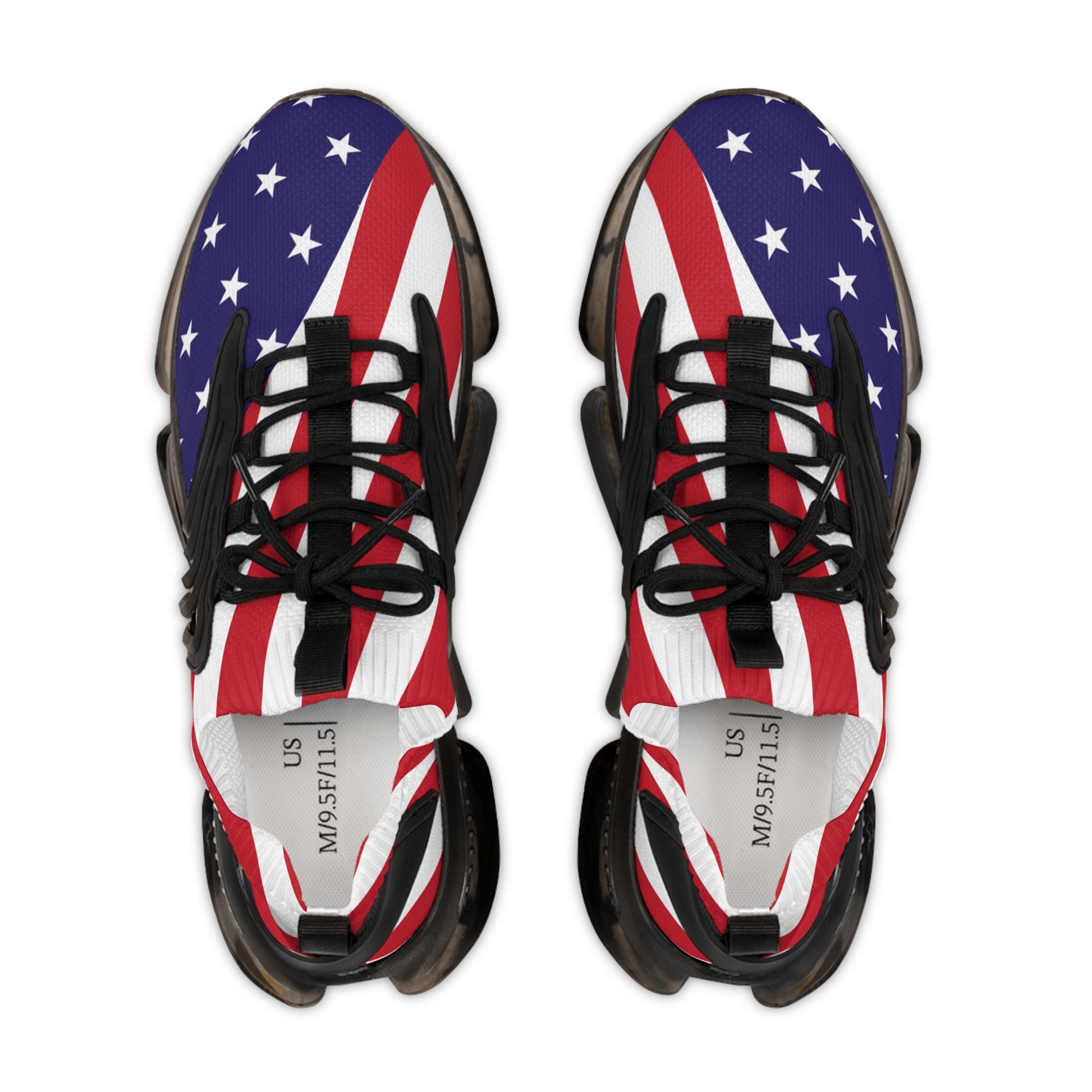 Rear view of USA flag sneakers pair, black heel pulls & laces, striped mesh, dark translucent sole vibes