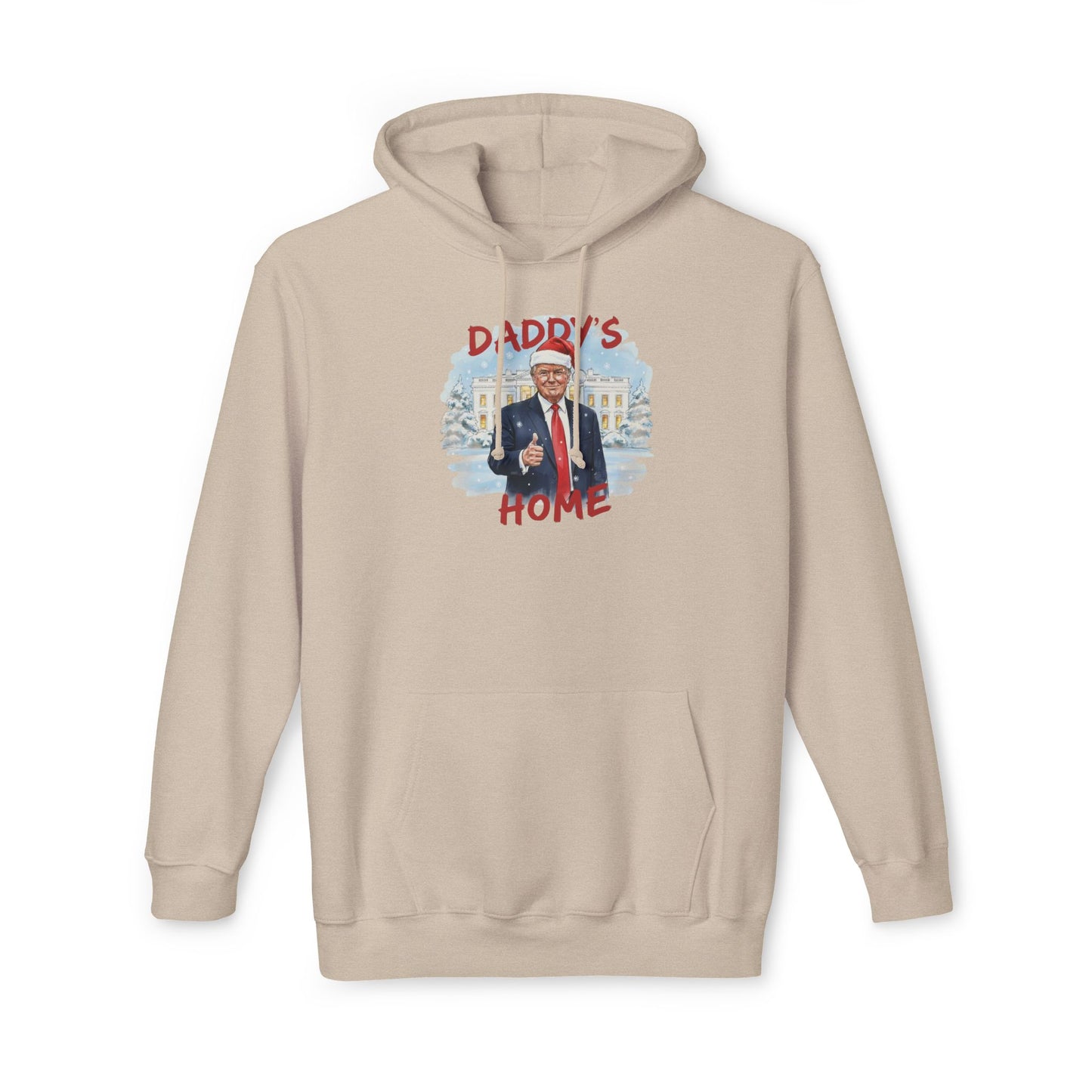 Front view of bright orange "Daddy's Home" Trump Santa hoodie against snowy White House backdrop