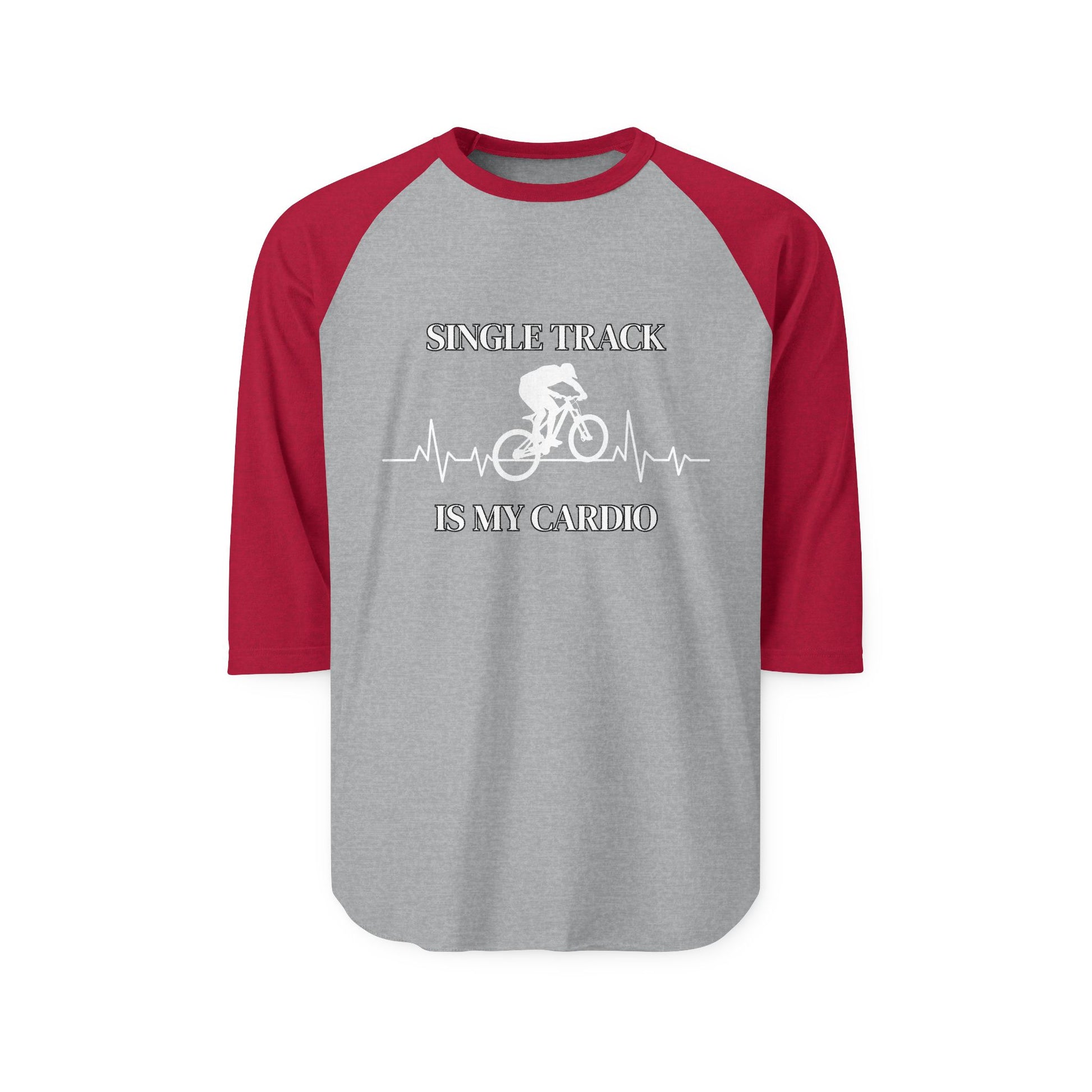 Front gray raglan shirt with red 3/4 sleeves, white "Single Track Is My Cardio" silhouette rider on EKG line print