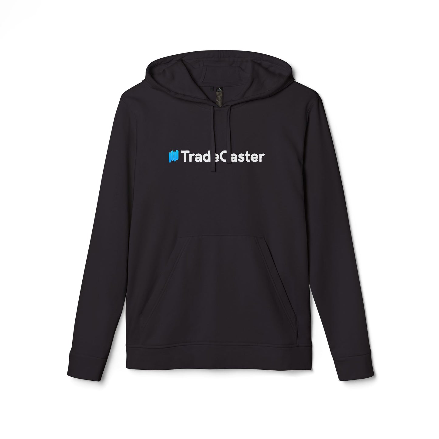 Front view of black Adidas fleece hoodie with TradeCaster centered in white/blue icon — ultimate night caster stealth