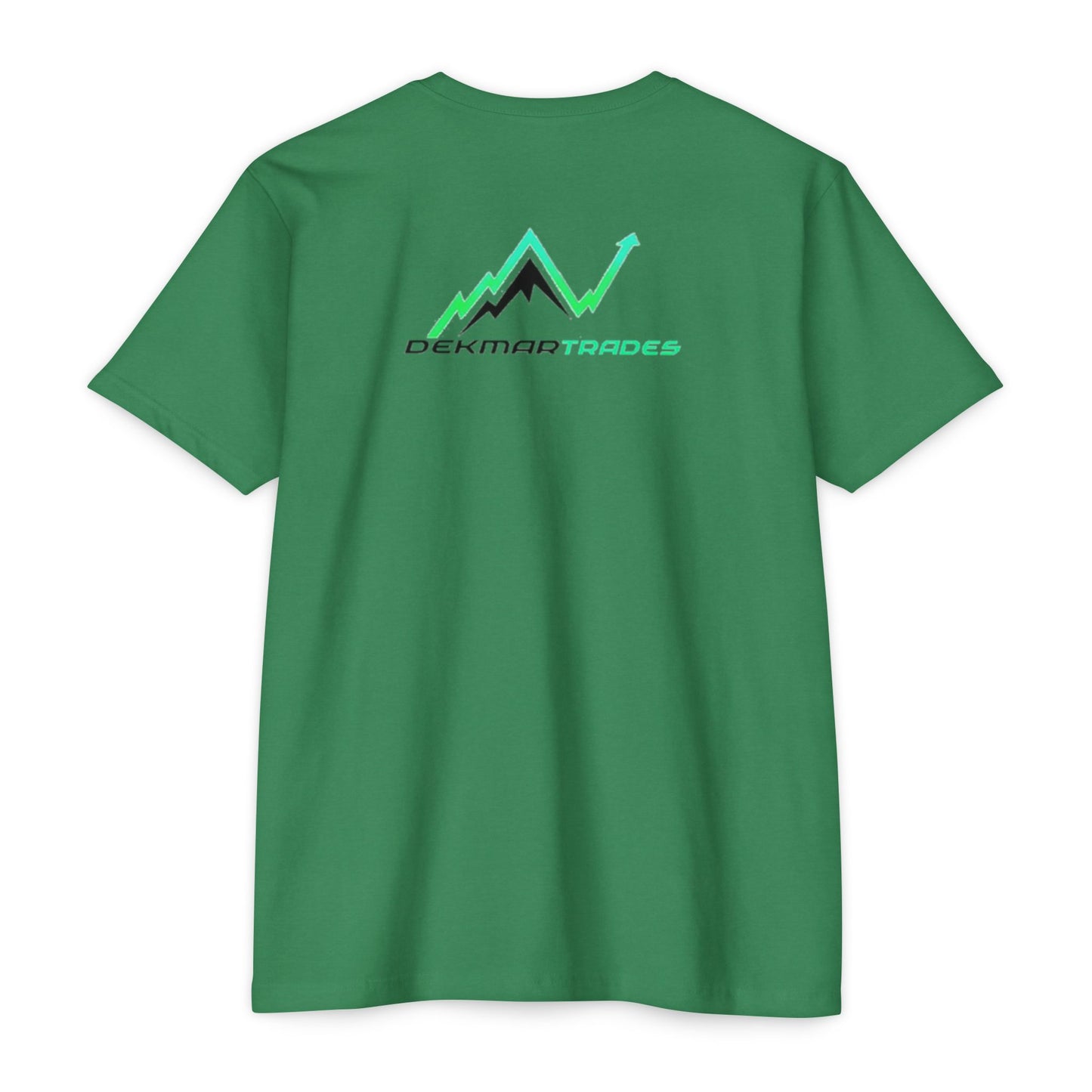 Flat back view of forest green t-shirt showing mountain uptrend chart graphic and Dekmar Trades text below