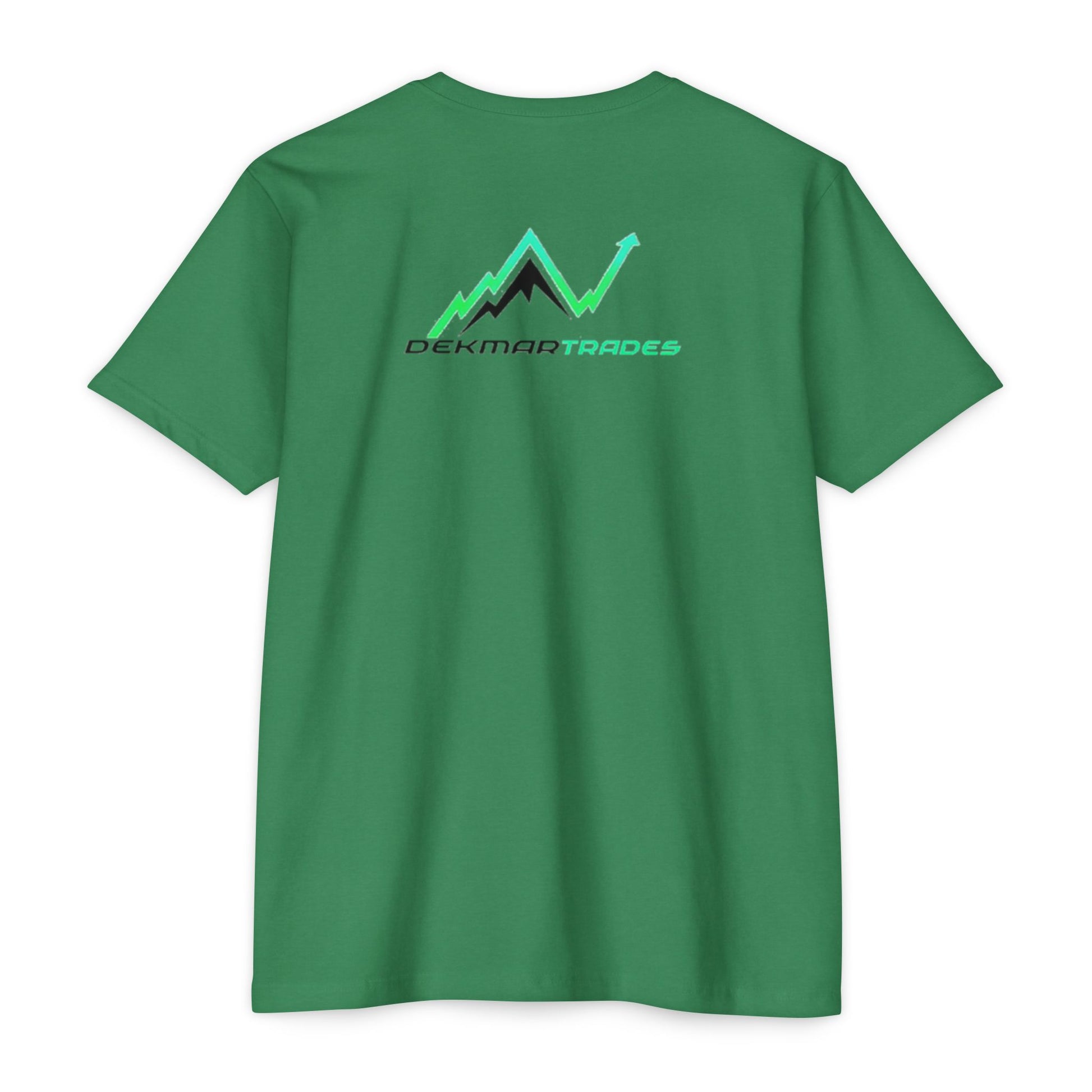 Flat back view of forest green t-shirt showing mountain uptrend chart graphic and Dekmar Trades text below