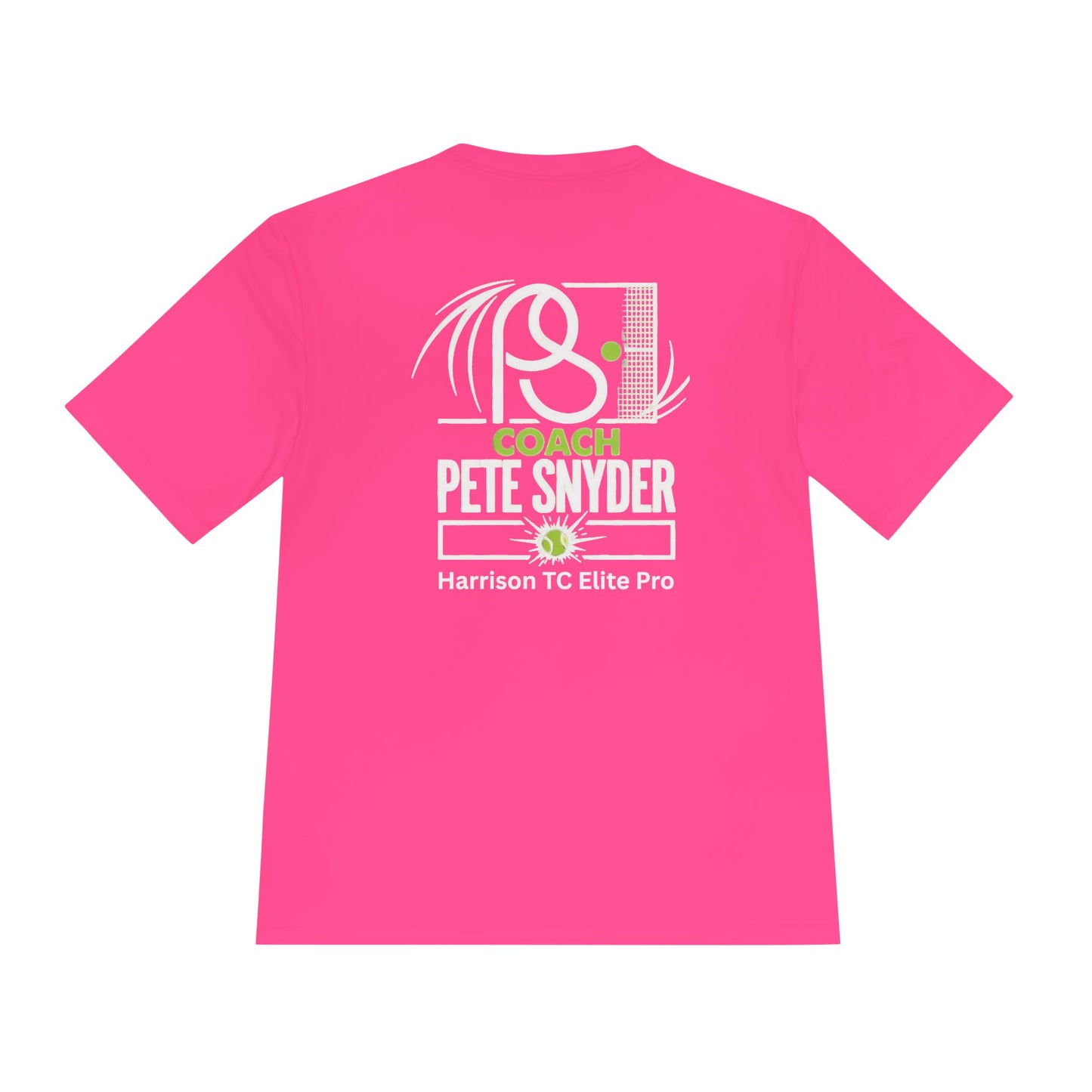 Hot pink tee back: white outline PS net/racket graphic, "COACH PETE SNYDER" and Harrison TC Elite Pro