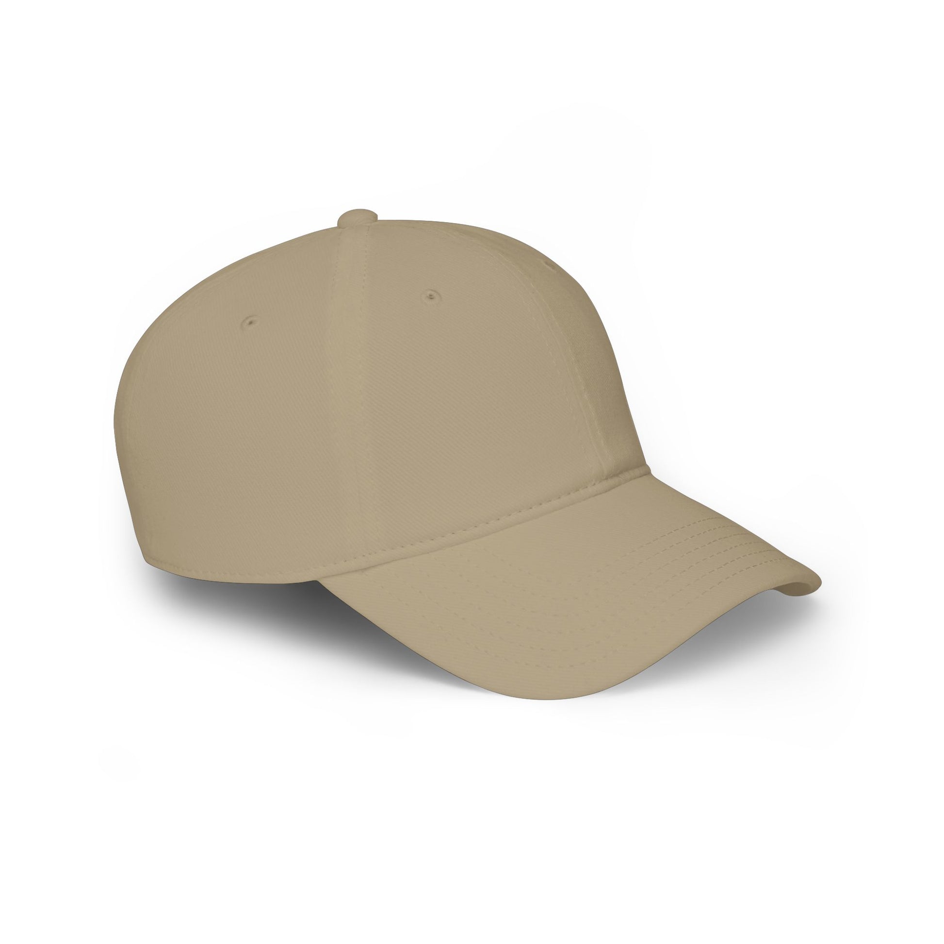 Right side view of khaki unstructured baseball cap, curved bill and relaxed crown