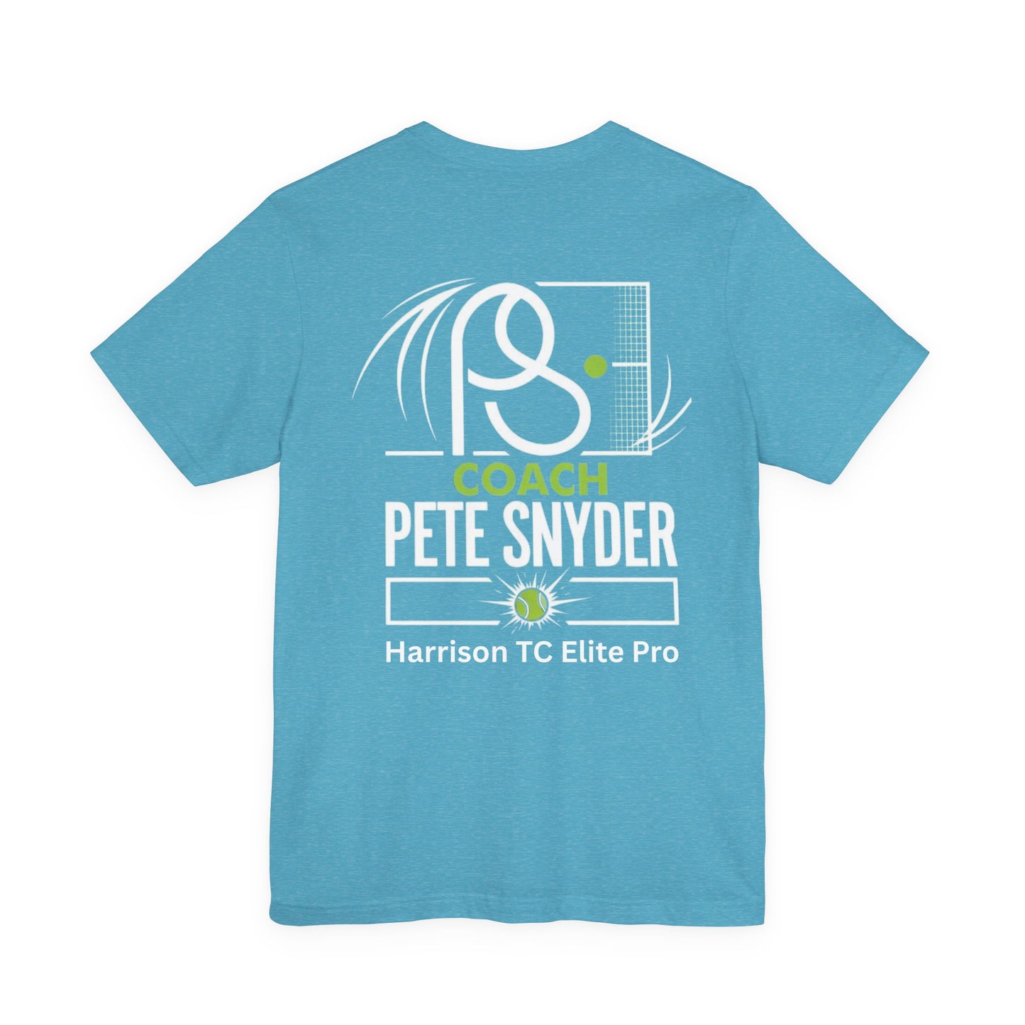 Back view of turquoise Coach Pete Snyder tee with white racket "PⓈ" graphic, "COACH PETE SNYDER" and "Harrison TC Elite Pro" print