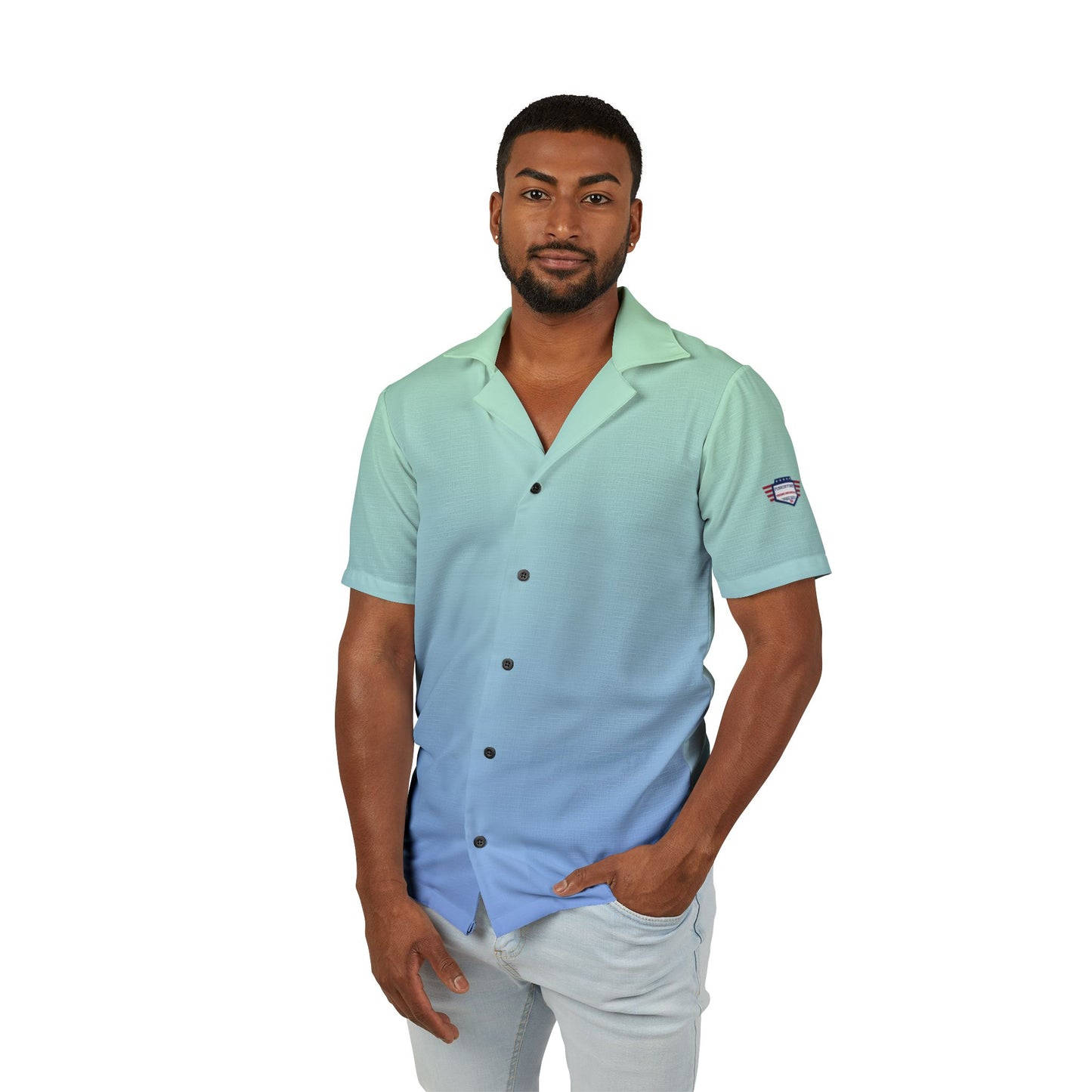 Husband / Boyfriend prank shirt. The Hawaiian Camp Shirt that made your friend group go viral when they all showed up in the same shirt ! Summer 2025 pastel blue colors