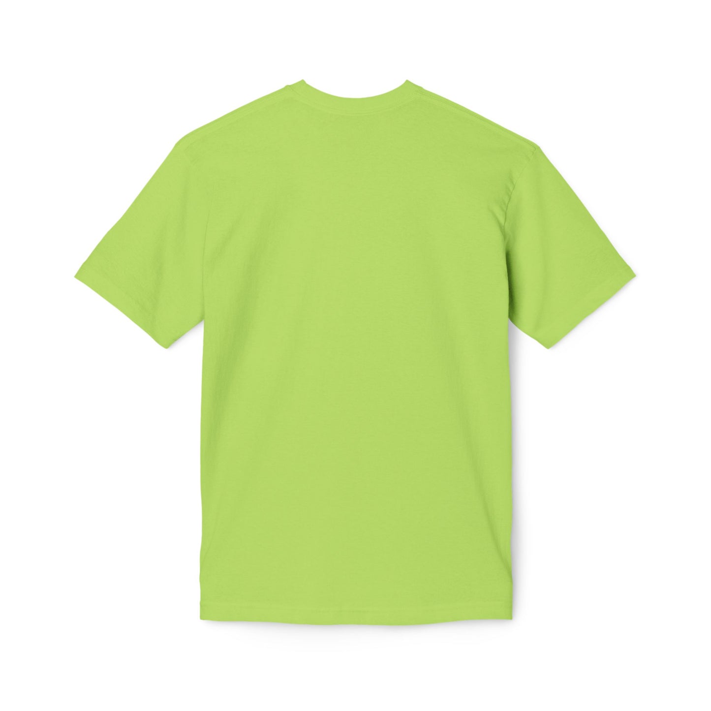 Back view of bright lime green unisex T-shirt, short sleeves, plain cotton fabric