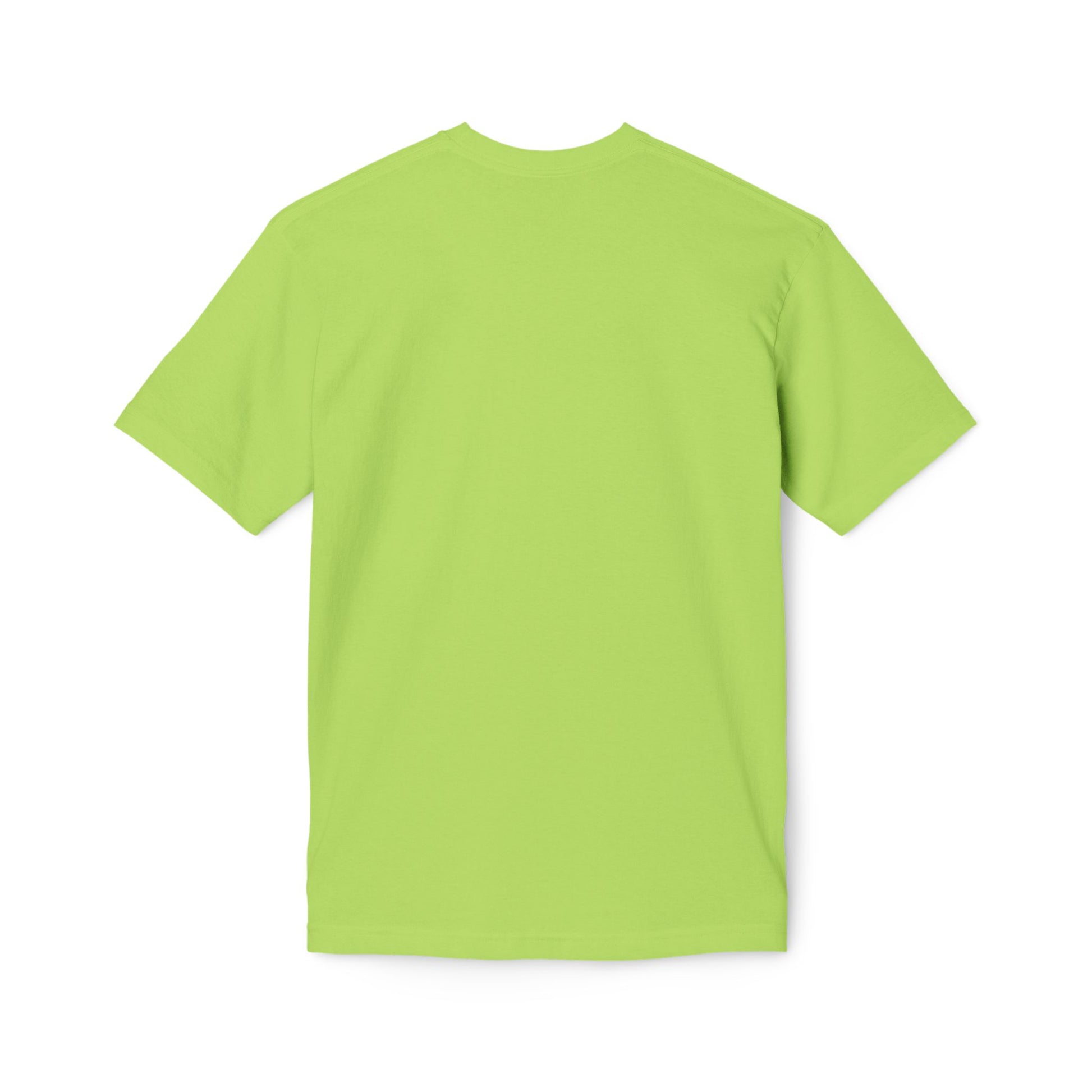 Back view of bright lime green unisex T-shirt, short sleeves, plain cotton fabric