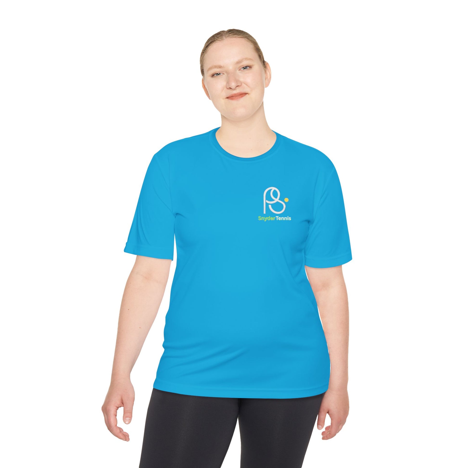 Smiling woman model in atomic blue tee, white PS logo and green "Bridge Tennis" on chest