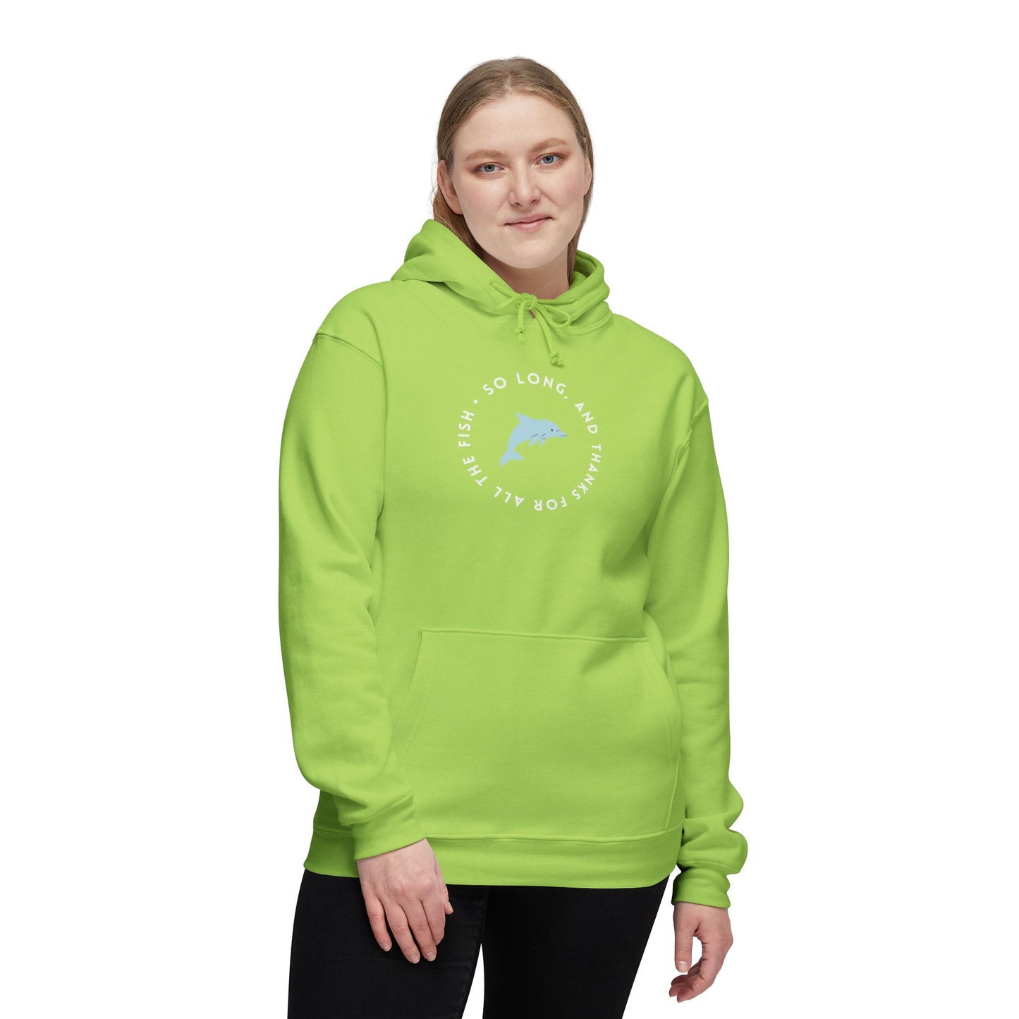 Female model wears lime green front hoodie, blue dolphin amid cosmic farewell text circle