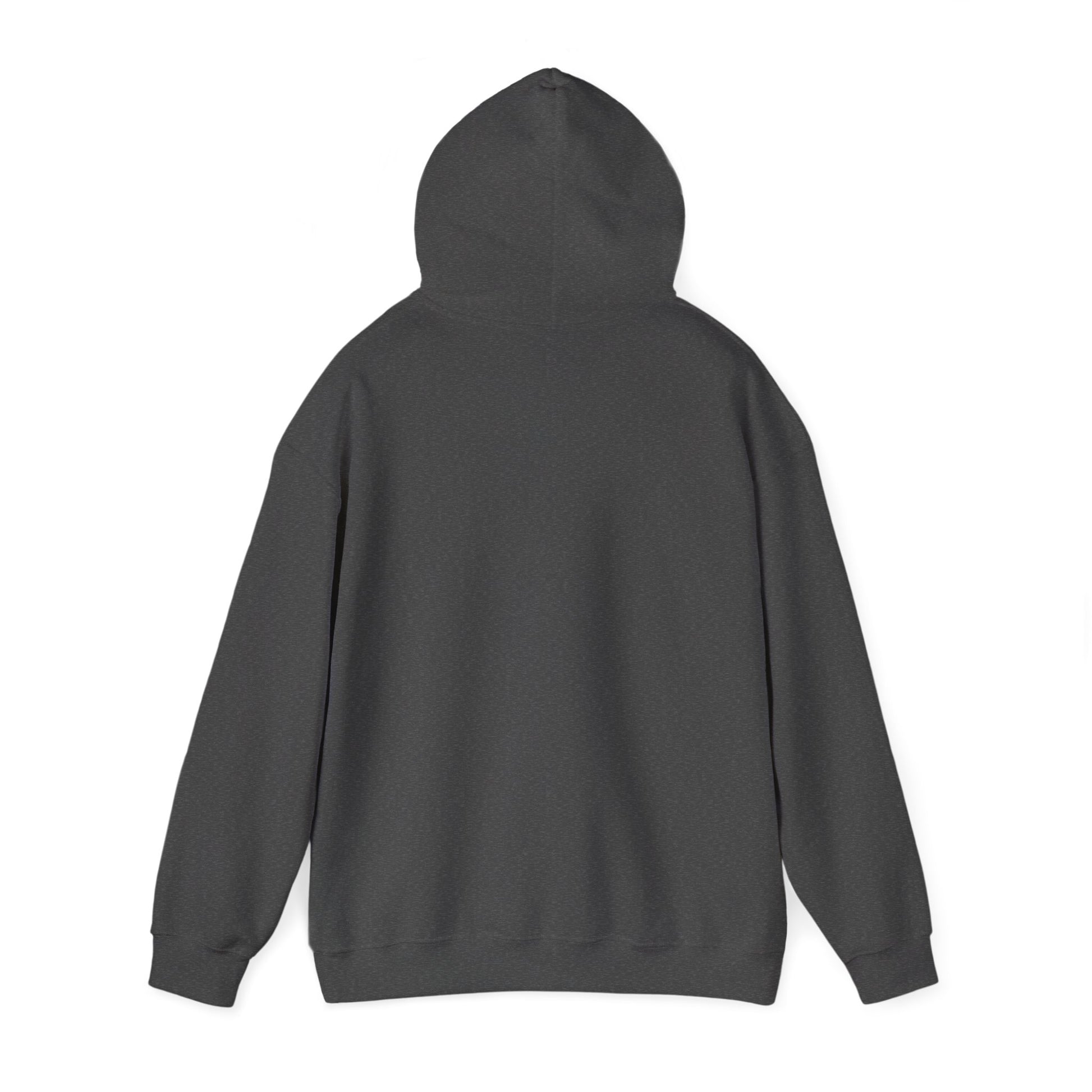 Back view of Black hoodie with hood up and drawcord, sleek no-seam design