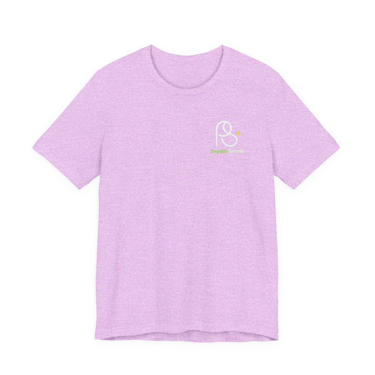 Front view of lavender heather t-shirt with small white PS tennis ball logo on chest