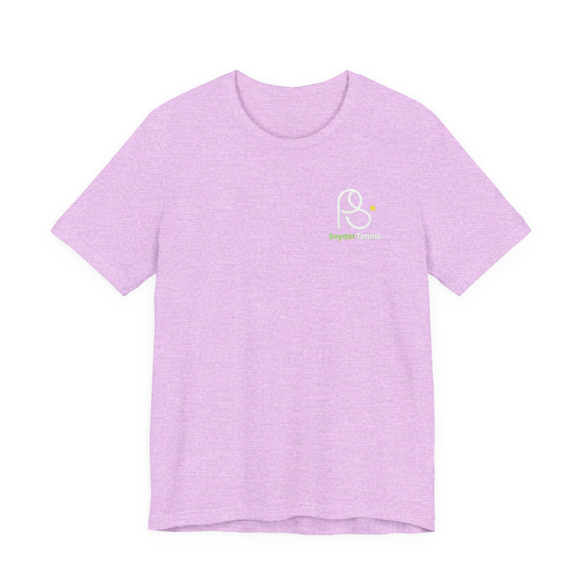 Front view of lavender heather t-shirt with small white PS tennis ball logo on chest