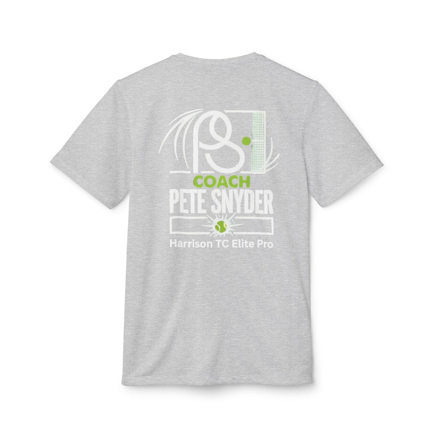 Back view of heather gray Coach Pete Snyder tee: tennis graphic, Coach Pete Snyder Harrison TC Elite Pro text