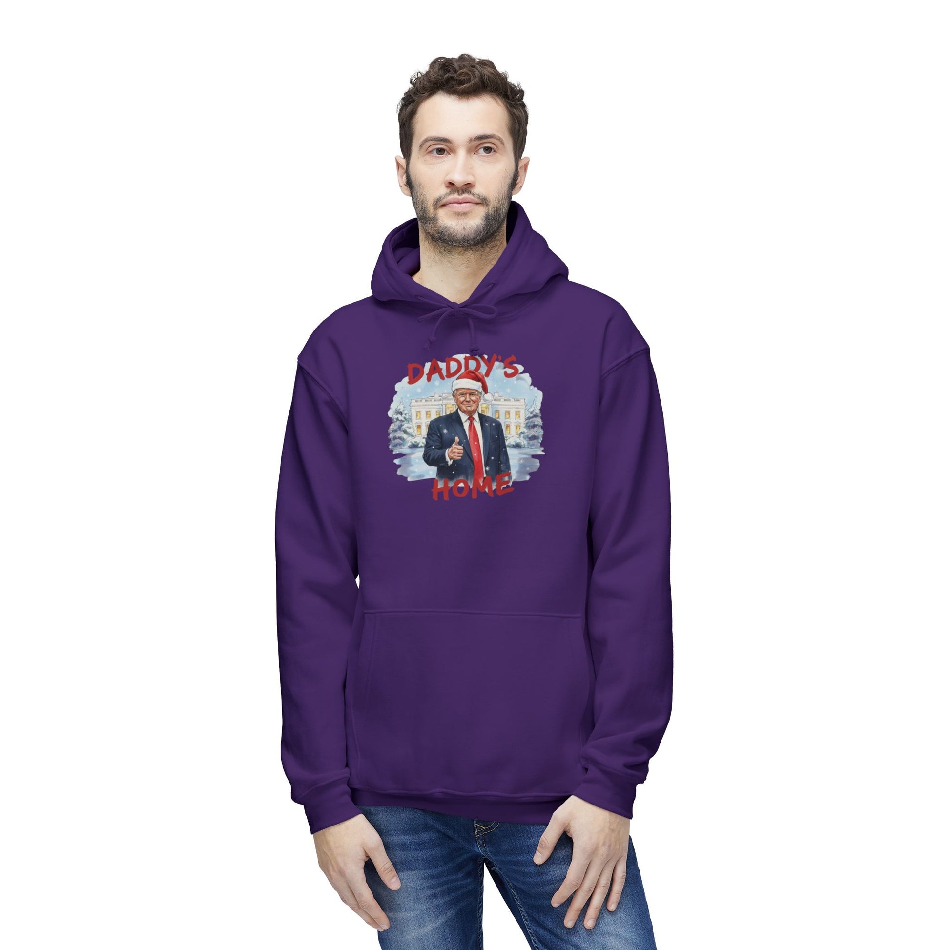 Man in purple "Daddy's Home" Trump Christmas hoodie front, Santa-clad portrait