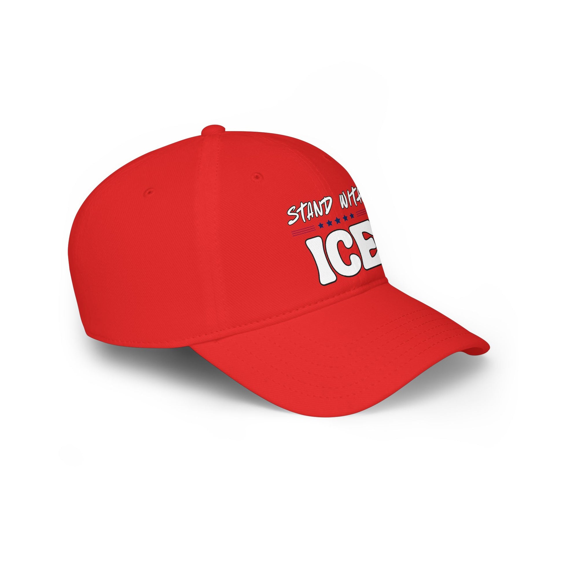 Left side angle of red baseball cap displaying "Stand With ICE" white lettering