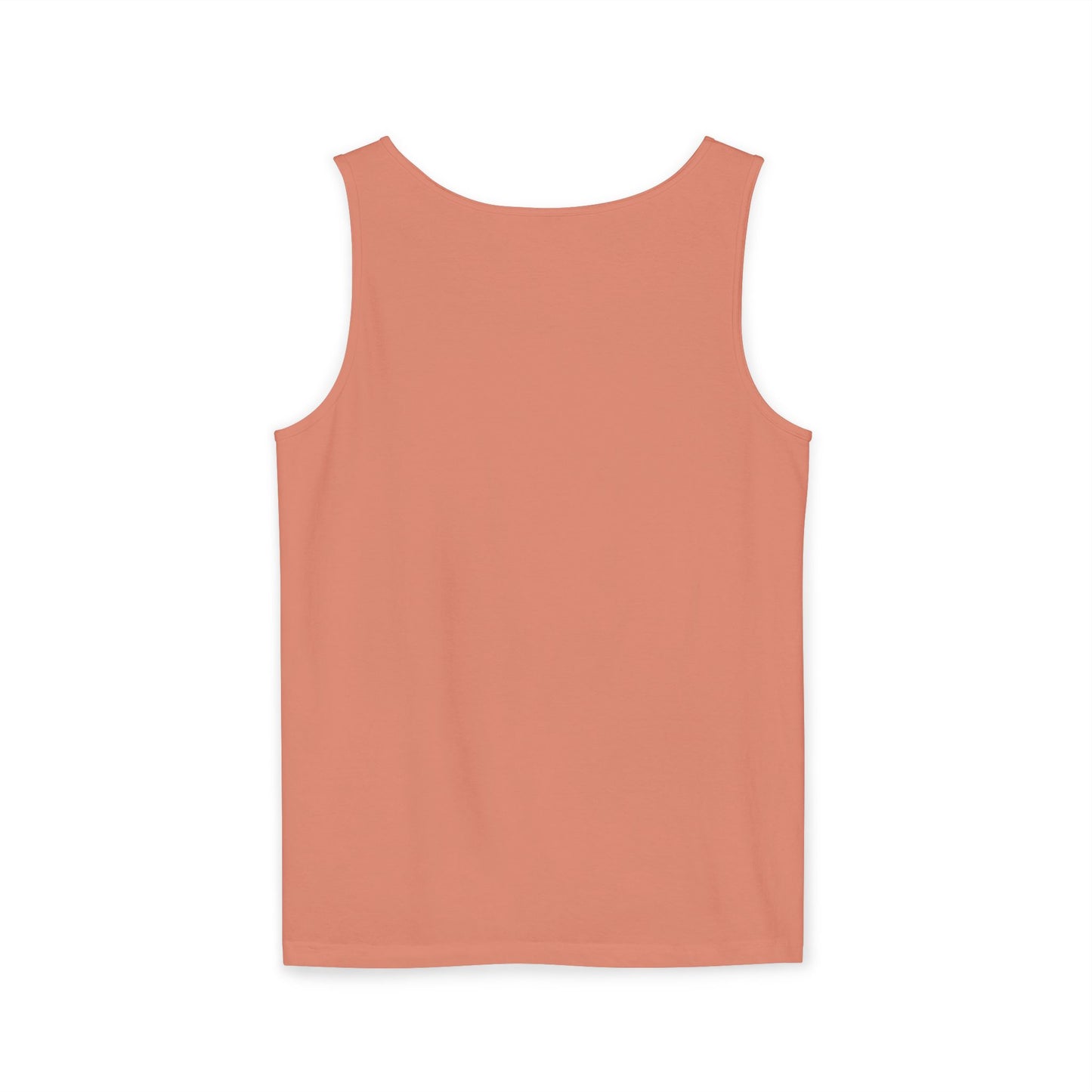 Plain back view of peach workout tank top, relaxed sleeveless fit on white background