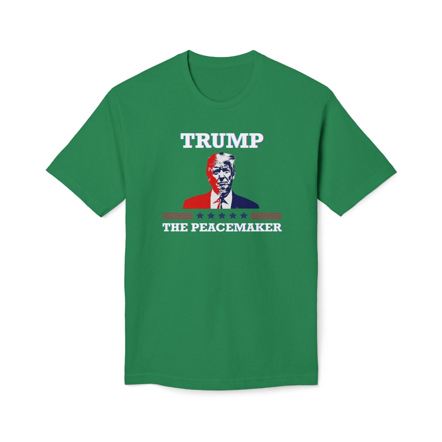Front view of forest green Trump The Peacemaker tee with white bold print, portrait, and colorful stripes