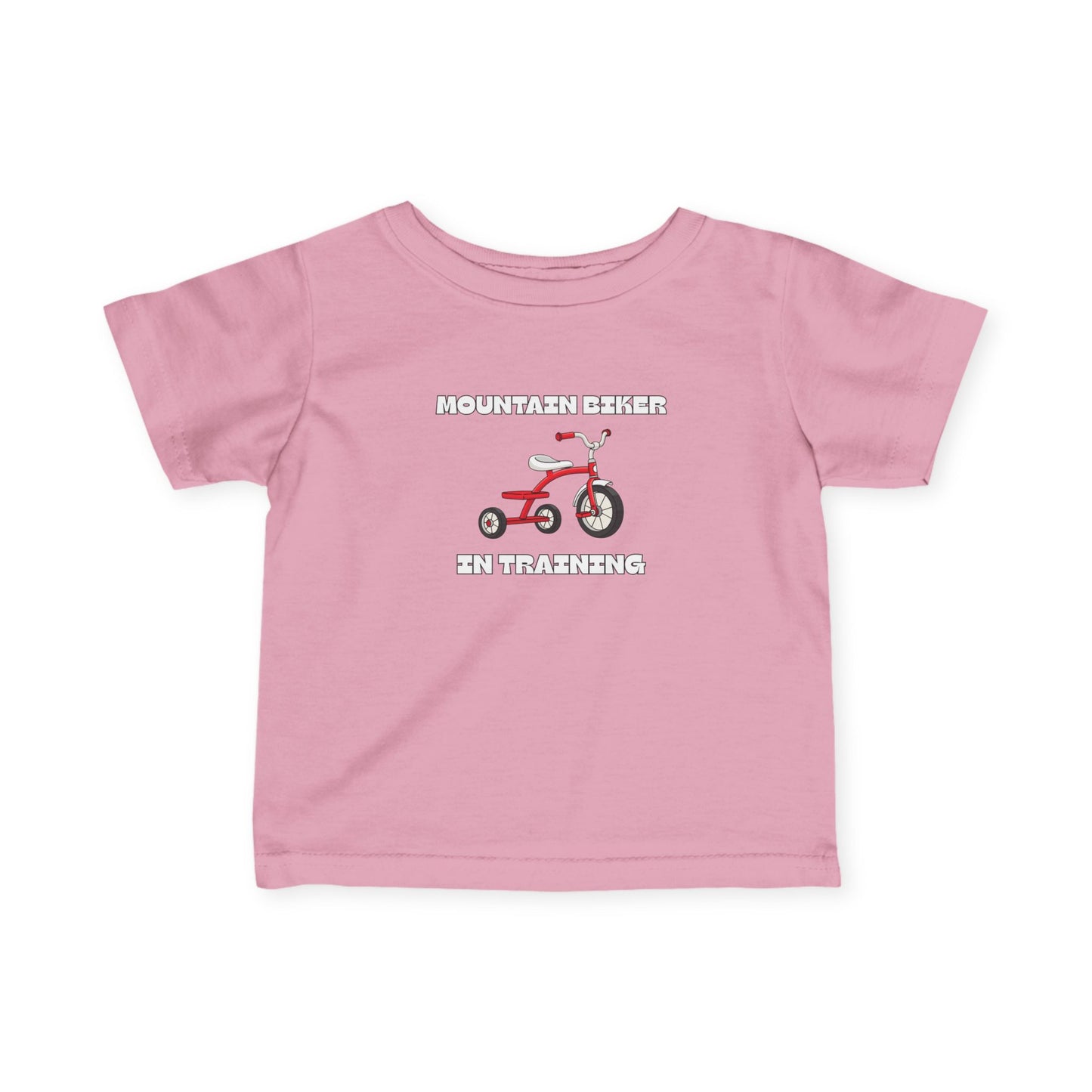 Pink 'Mountain Biker in training' red tricycle infant tee - front view