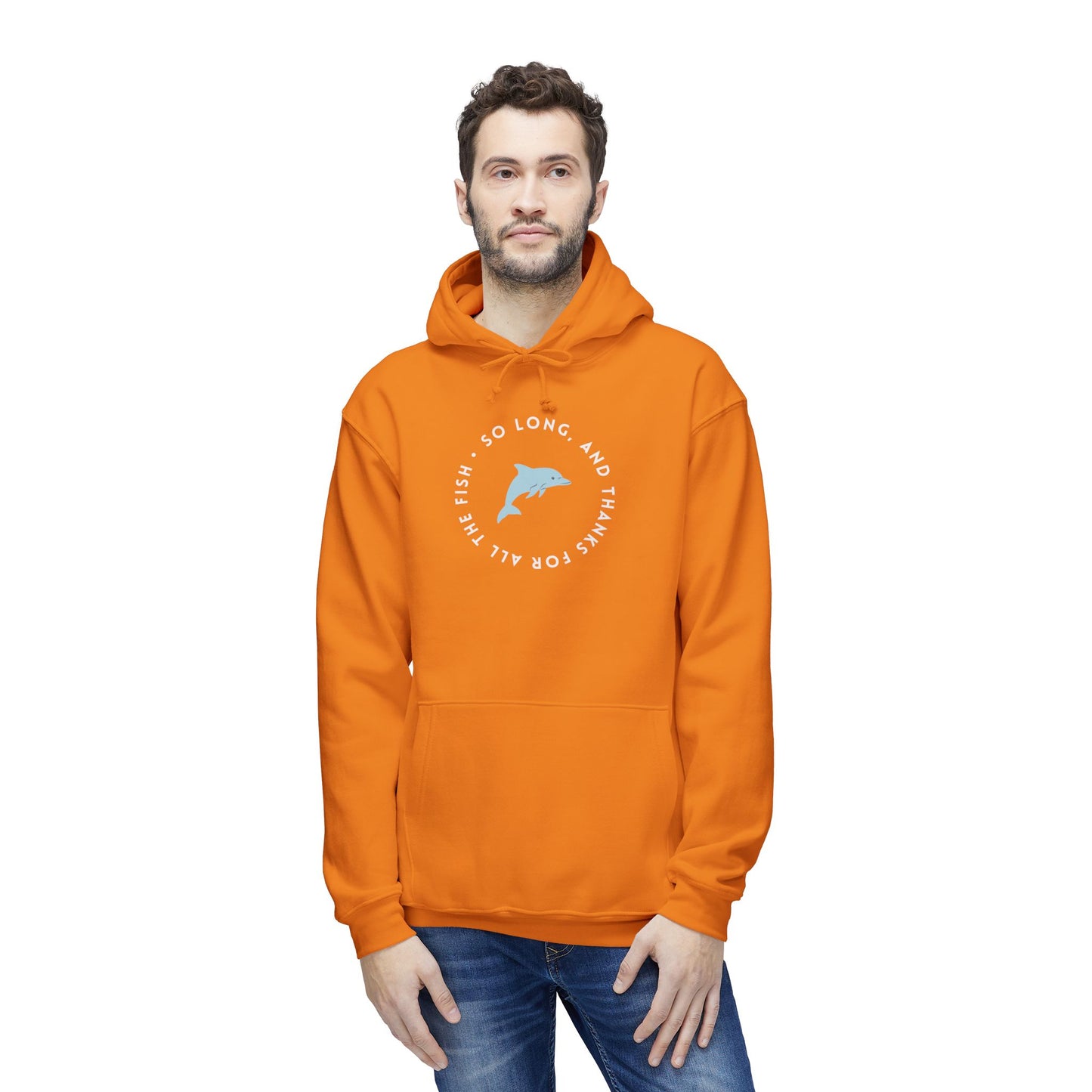 Bearded dude wears bright orange hoodie front, blue dolphin "So long, and thanks for all the fish" graphic pops