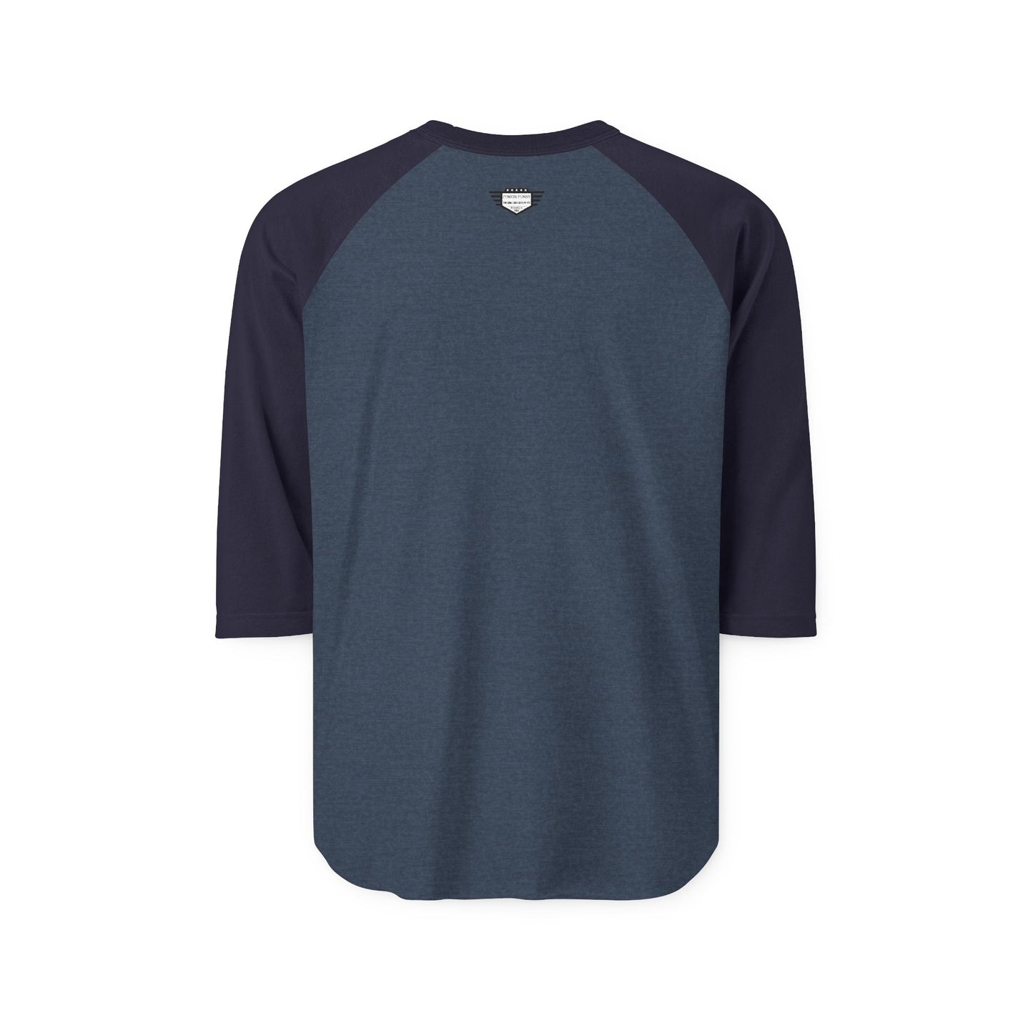 Navy raglan shirt back view with matching dark 3/4 sleeves, plain with discreet neck label