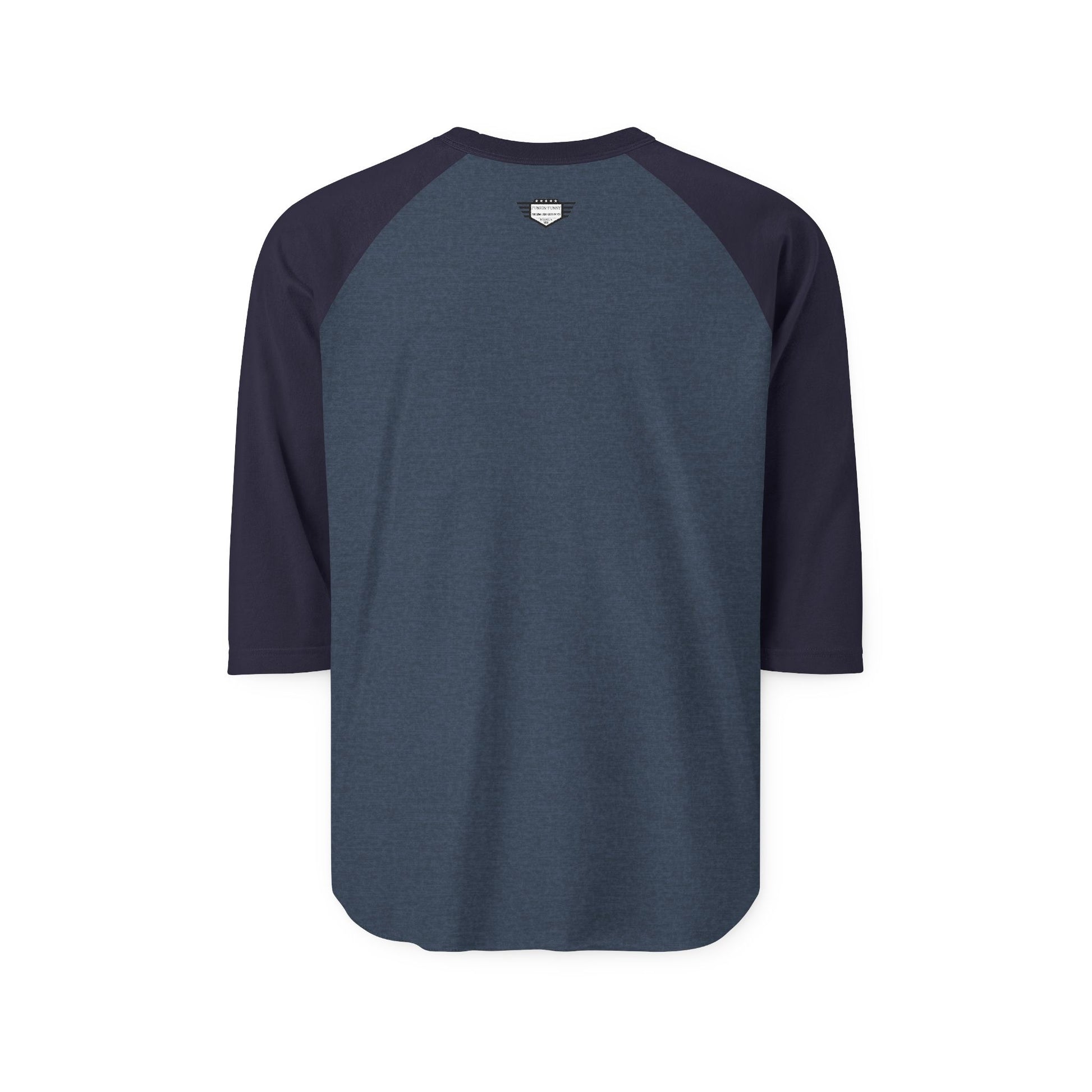 Navy raglan shirt back view with matching dark 3/4 sleeves, plain with discreet neck label