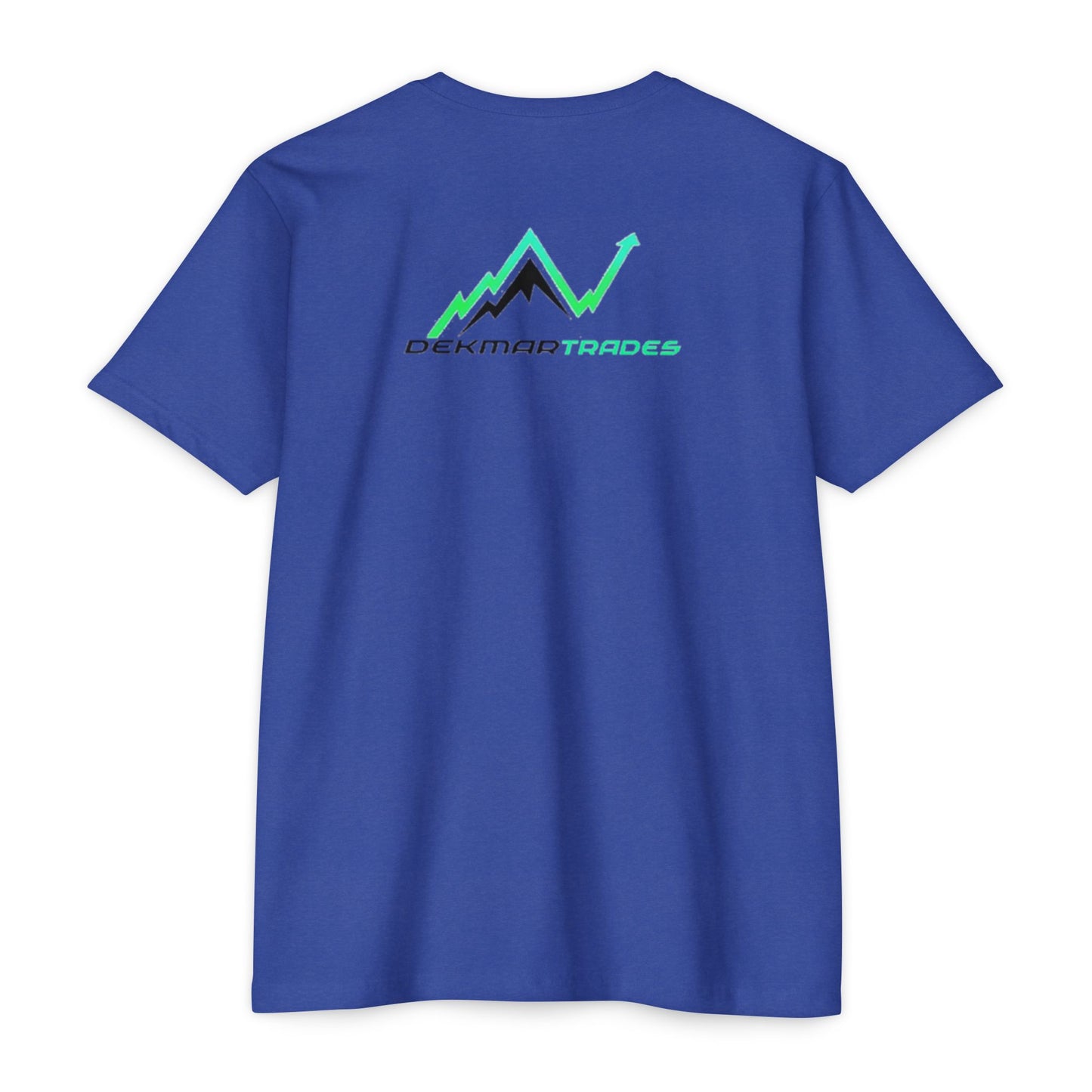 Back view royal blue tee on model, Dekman Trades mountain up-arrow chart graphic in green/black